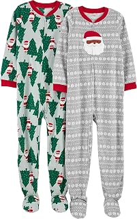 Unisex Kids' Holiday Loose-Fit Flame Resistant Fleece Footed Pajamas, Pack of 2