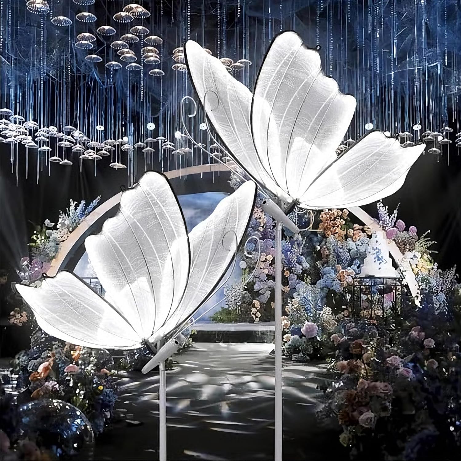 DYRABREST 2-Pack Butterfly Wedding Aisle Lights Romantic Butterfly LED Decoration Lights, Adjustable Height 57.5-70.1in LED Decor with Dual Mounting for Indoor Weddings (White, White Light)