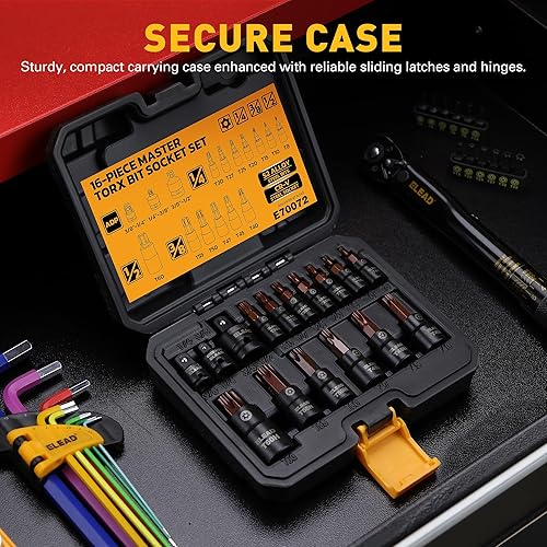 Miniatura 7 de Juego de 16 piezas de enchufes de brocas Torx - Acero S2 Premium estilo europeo T8-T60 con adaptadores de enchufe, juego de enchufes de brocas