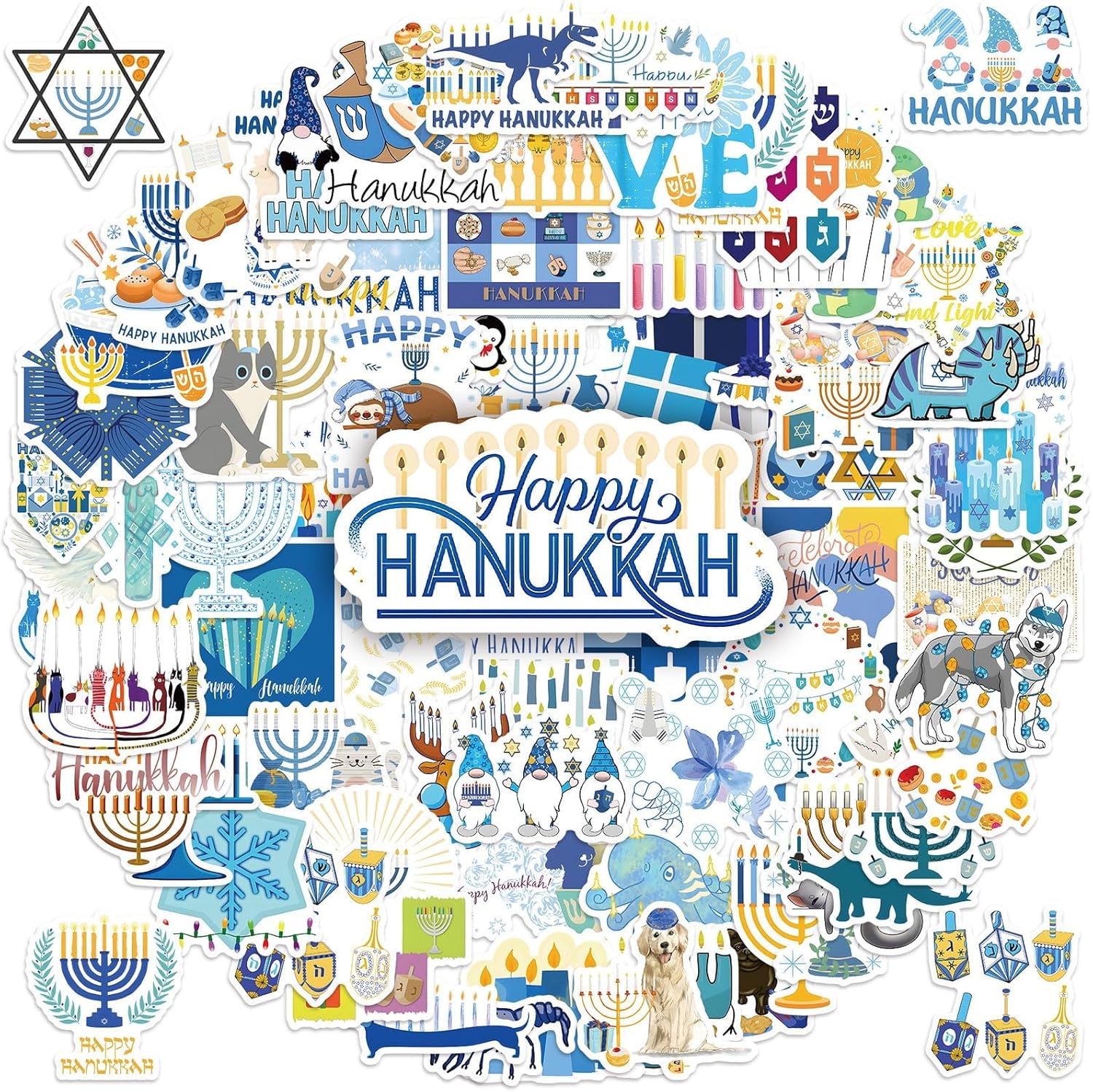 DECYOOL 100 Pcs Non-Repeating Hanukkah Stickers, Jewish Stickers Menorah Decals for Scrapbooking, Bulk Party Gifts, Happy Hanukkah Decorations - $9.95