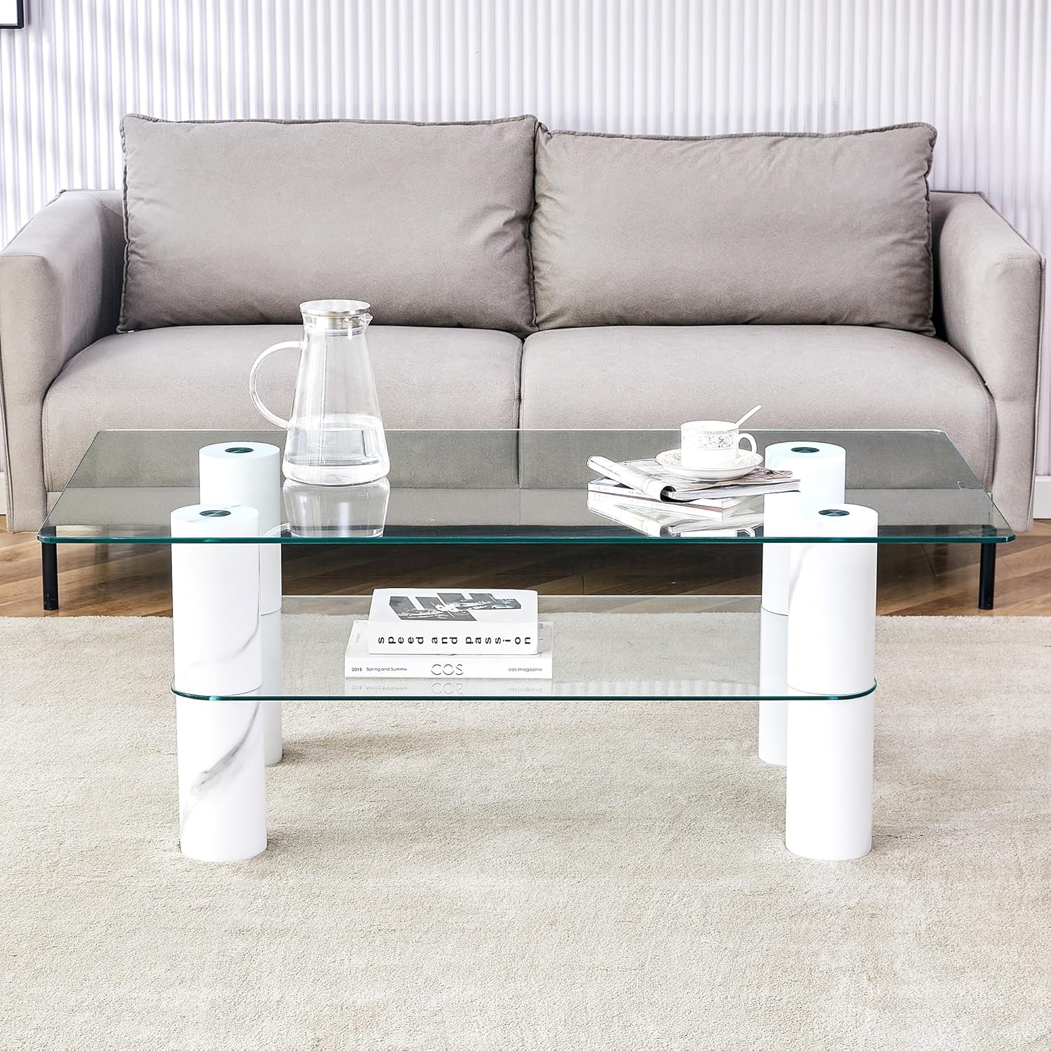 Glass Coffee Table,Rectangular Tea Table with Wooden Column,Modern 2-Tier Cocktail Table/Center Table Suitable for Bedroom,Living Room,Office