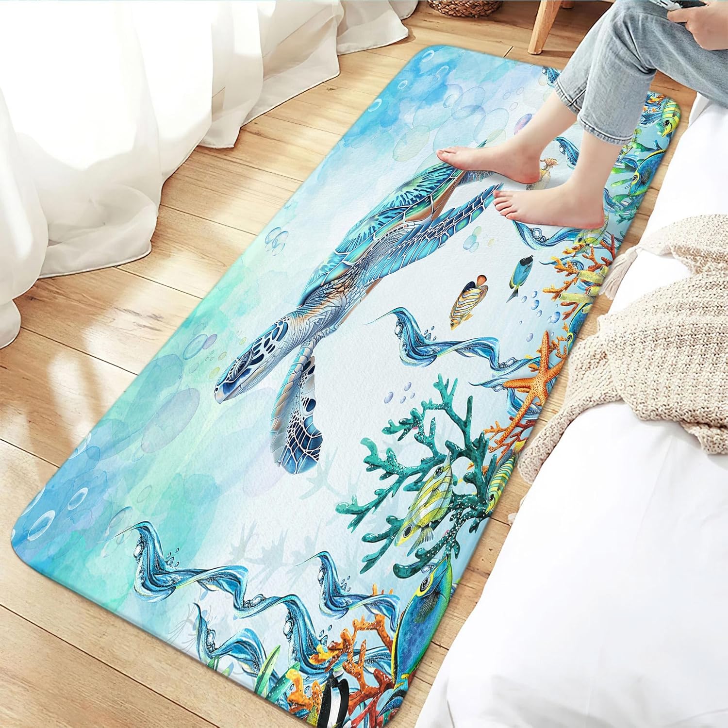Watercolor Sea Turtle Blue Bathroom Rugs, Nautical Marine Animals Bath Rugs Underwater Sea World Bathroom Rugs, Cute Bathroom Mats for Bathroom Shower Floor Decor, 17x48 Inch