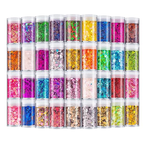 Holographic Chunky Glitter, Set of 36 Colors Craft Glitter Sparkle Sequins, Cosmetic Glitter Flake for Epoxy Resin, Body, Face, Eye, Nail Arts, Slime Making, Wedding Festival Party Decoration - 36 Chunky