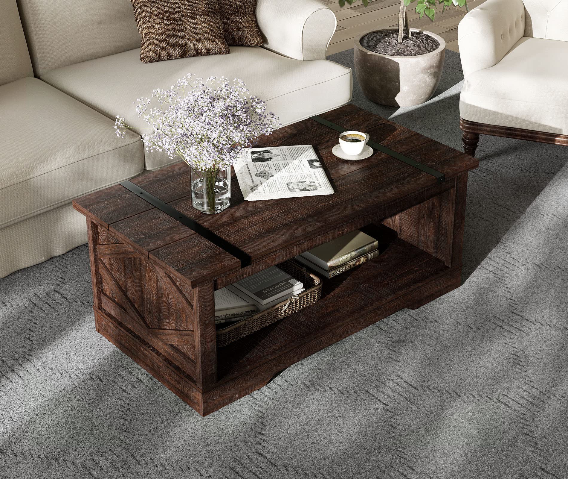 WAMPAT Modern Farmhouse Coffee Table, Rectangle Wood Center Table with Open Storage for Living Room, Spliced Wood Desktop, Riveted Metal Bars, Prismatic Decor, 42 Inch, Rustic Brown