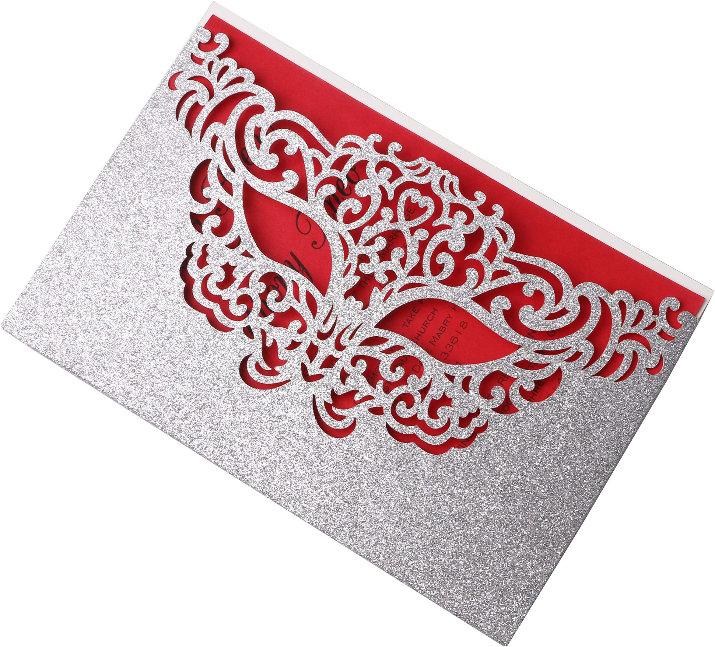 PONATIA 25 Pieces/Lot Gold Glitter Mask Party Invitations Cards For Makeup Party Masquerade Party Decorations, And Halloween Dance Party (Silver Glitter+Red Insert)