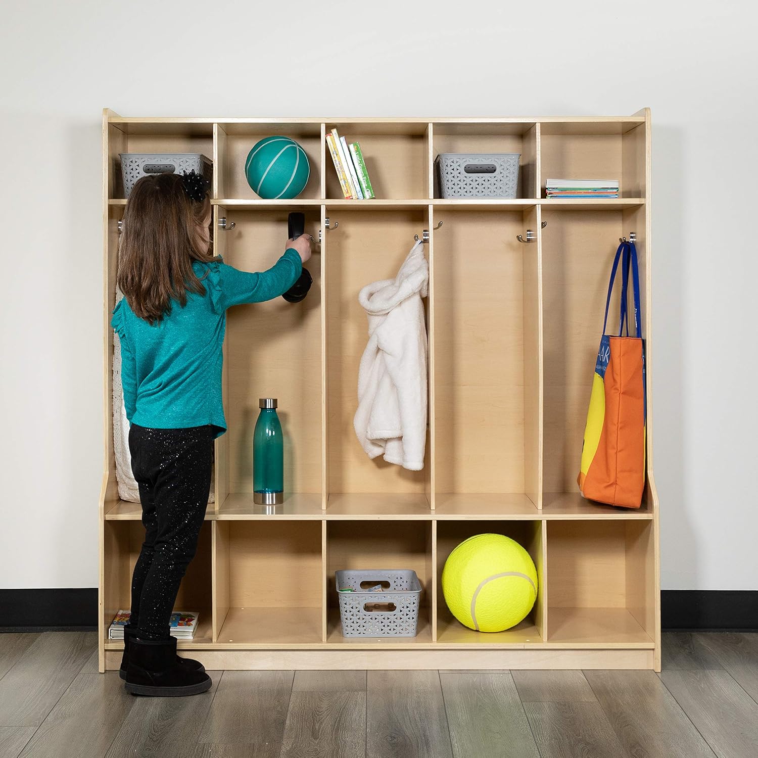 EMMA + OLIVER Wood 5 Section School Coat Locker with Bench, Cubbies and Storage Organizer Hook