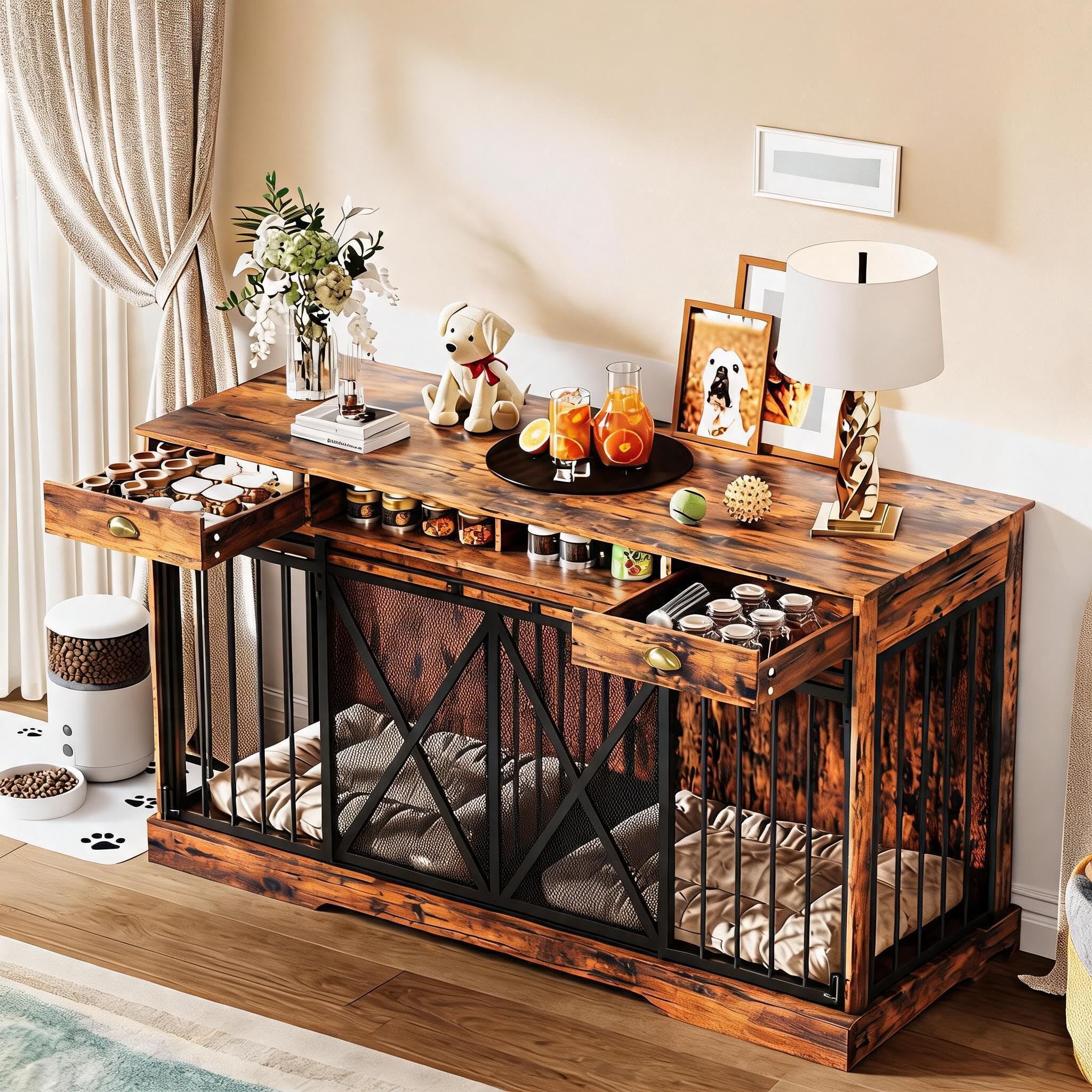 GarveeHome 63 Inch Large Double Wooden Dog Crate Furniture for 2 Dogs, Heavy Duty Indoor Kennel, Removable Divider, Sliding Doors, Storage Drawers & Shelves, Pet Cage TV Stand, Rustic Brown