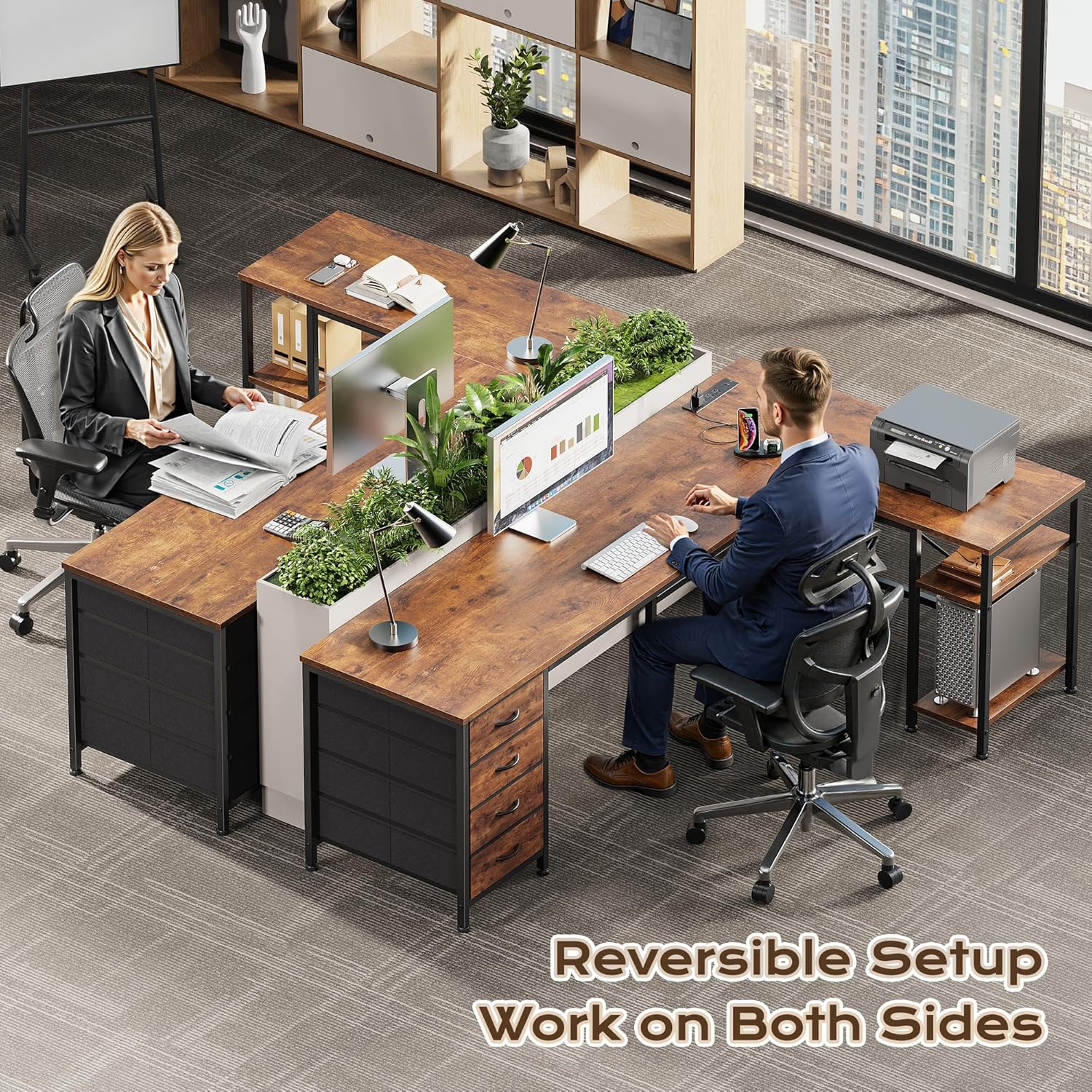 Huuger 63 Inch L Shaped Desk with Fabric Drawers, Computer Office Desk with Power Outlets and USB-C Port, Corner Desk with Storage Shelves, for Gaming Work Study Home Office, Reversible, Rustic Brown