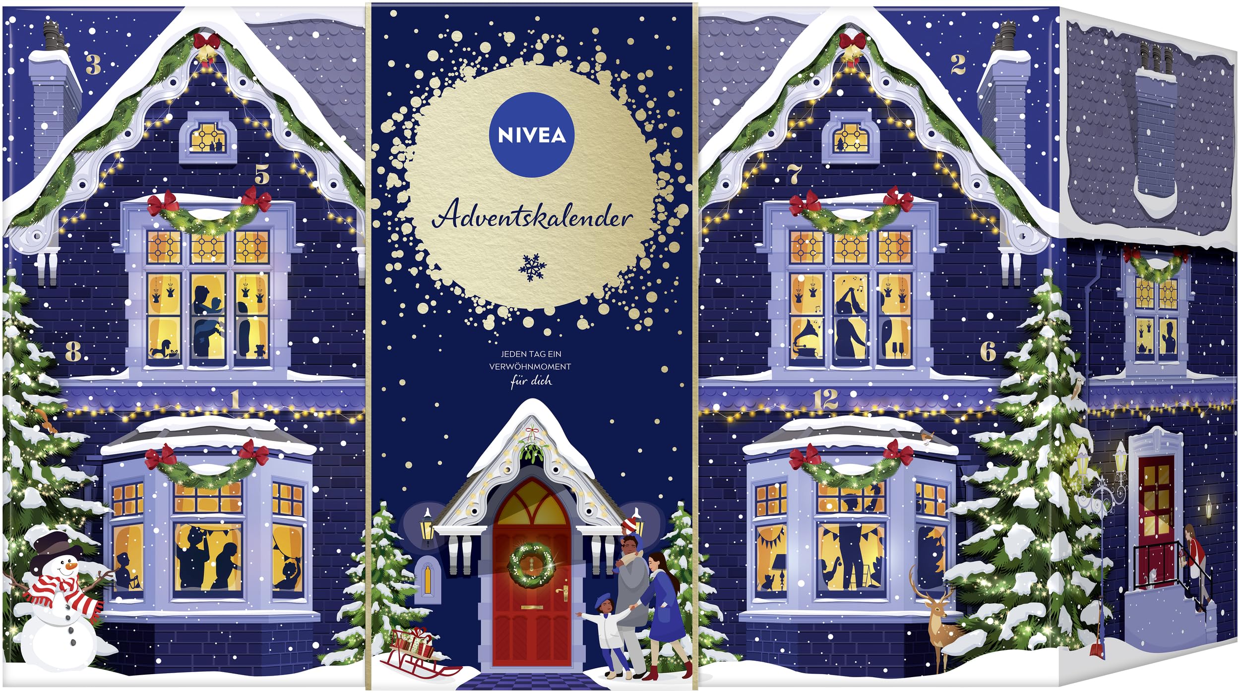 NIVEA Calendario de Adviento 2024 con 24 puertas llenas de sorpresas, calendario de Navidad con artículos de cuidado, set de cuidado para la época de Adviento con productos Nivea y Labello