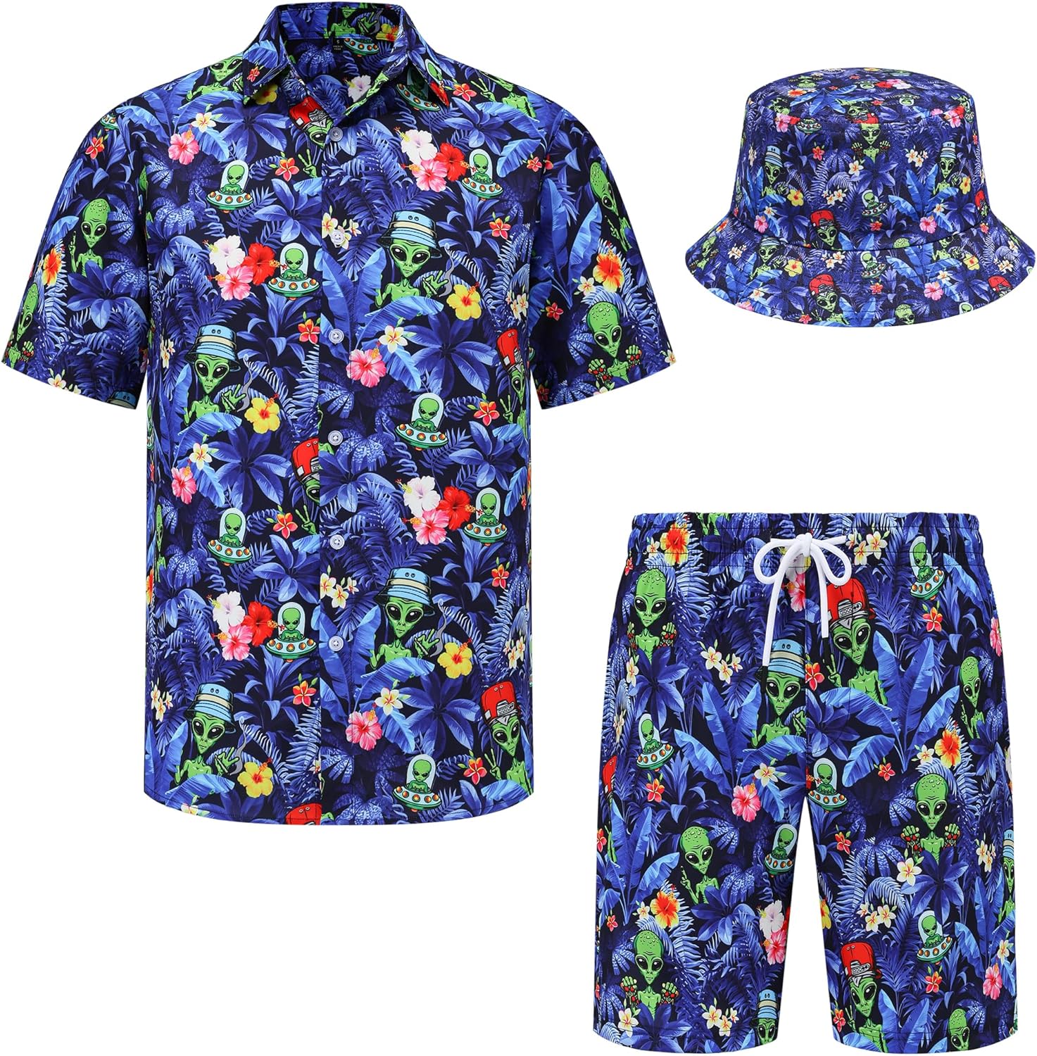 Mens Hawaiian Shirts and Shorts Set 2 Pieces Beach Outfits Summer Vacation Tropical Suit with Bucket Hats