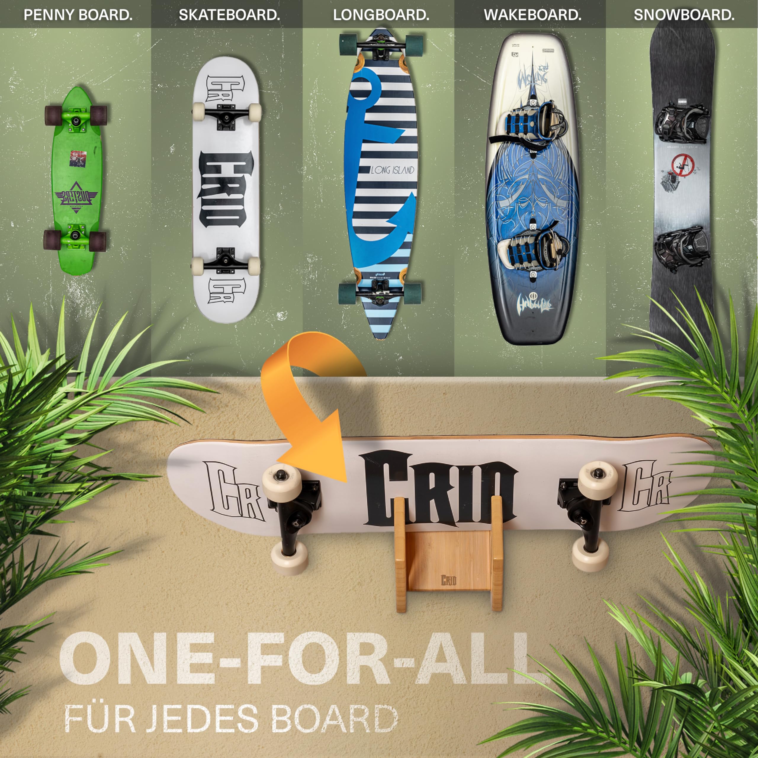CRID® - Supporto da parete in bambù sostenibile con kit di montaggio, per appendere qualsiasi tavola come skateboard, wakeboard, longboard, snowboard, dimensioni 19,7 x 15,5 x 14,0 cm (600 g)
