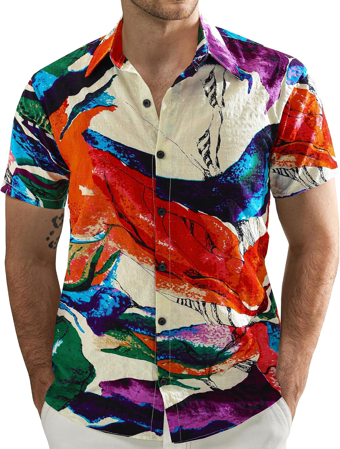 JOGAL Men's Hawaiian Shirt - Flower Print Short Sleeve Button Down, White & Purple - View #10
