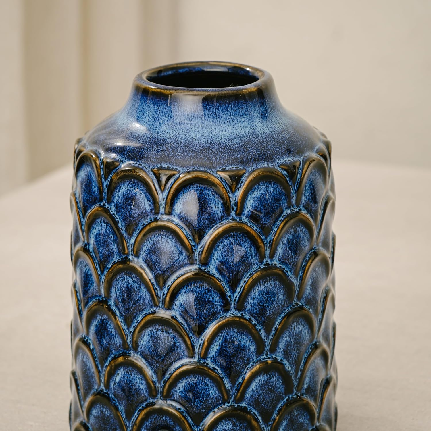7.28” Blue Ceramic Flower Vase, Rustic Farmhouse Decorative Vase for Home Decor, Centerpiece, Living Room, Bedroom, Kitchen, Entryway & Mantel