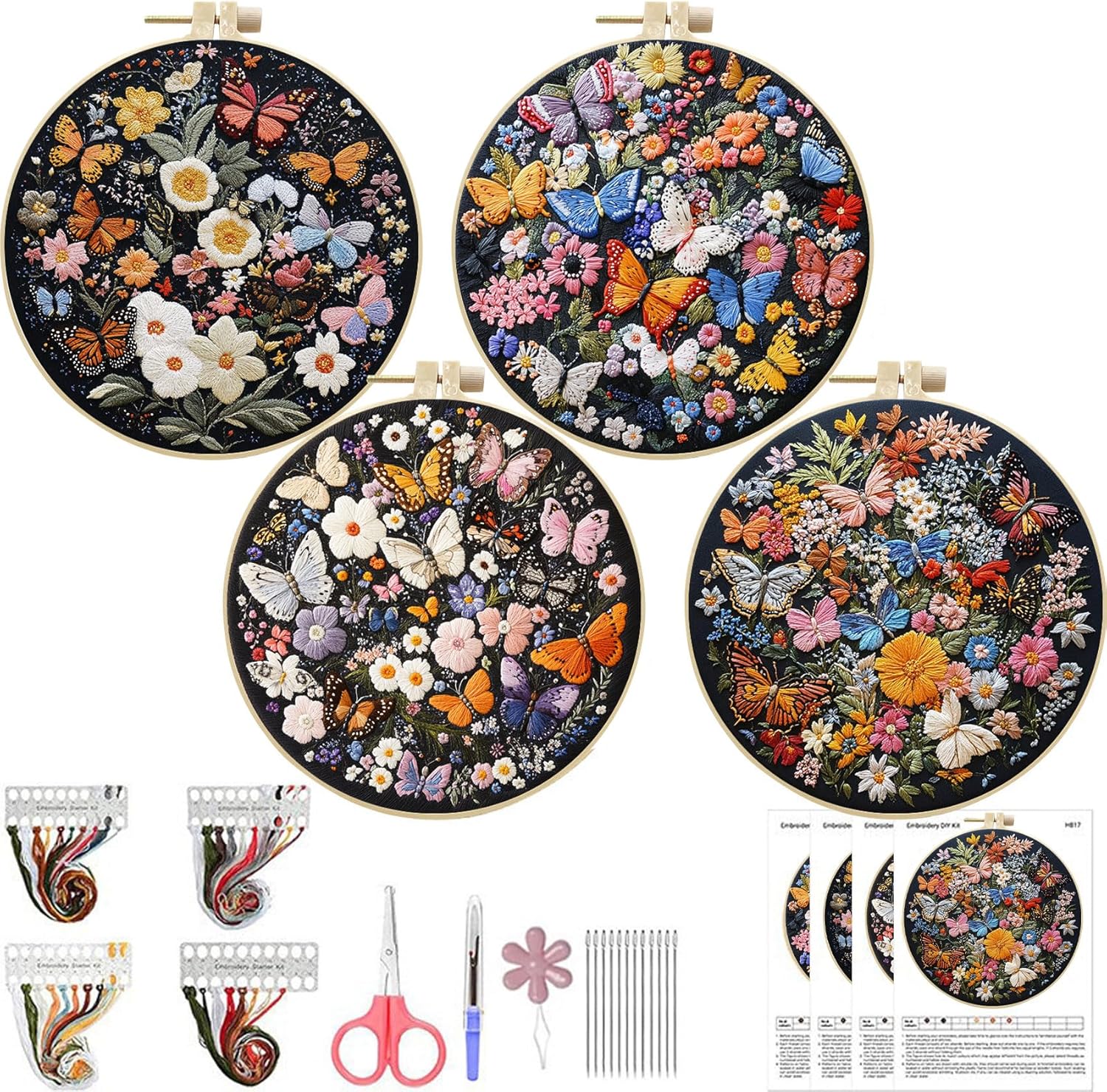 LB 4 Pack Colorful Floral Embroidery Kit for Beginners Nature Butterfly Beginner Embroidery Kit for Adults DIY Starter Kit with Embroidery Hoop Colorful Threads Tools Step by Step Instructions