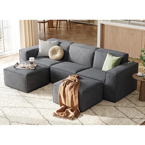 LINSY HOME Modular Sectional Sofa, 105" Boneless Couch U Shaped 3-Seat Sofa with 2 Movable Ottomans, Corduroy Sectional Cloud Couches for Living Room, No Assembly Required, Bluish Grey