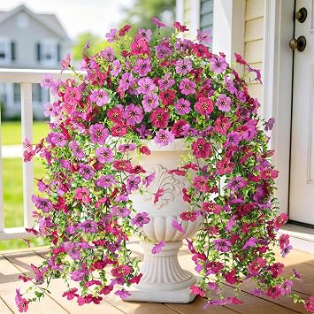 Homsunny Artificial Hanging Flowers for Outdoor, 2PCS Fake Flowers Faux Silk Daisy with Eucalyptus Leaves, UV Resistant Aritificial Flowers for Spring Home Patio Yard Porch Decor Light Purple Red