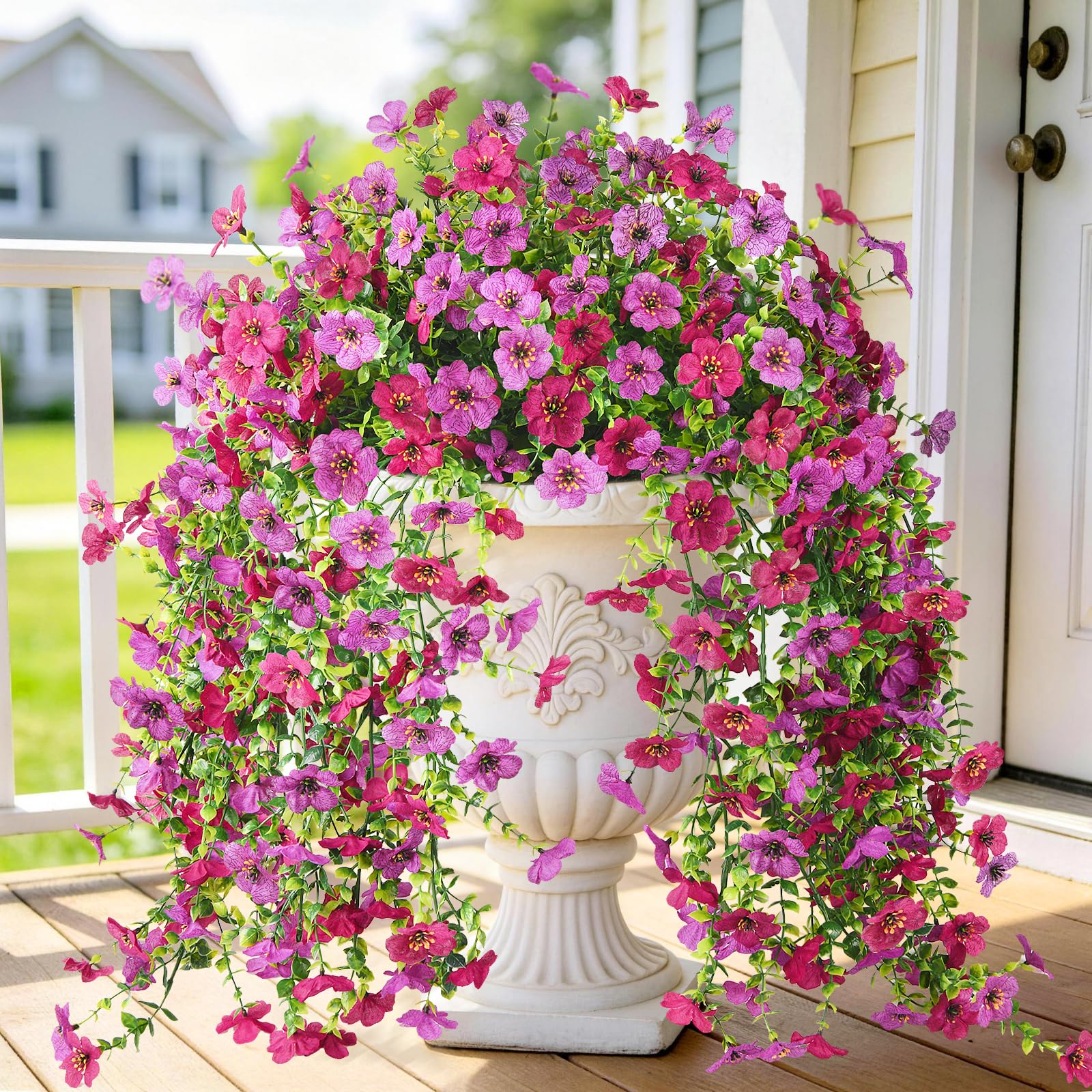 Homsunny Artificial Hanging Flowers for Outdoor, 2PCS Fake Flowers Faux Silk Daisy with Eucalyptus Leaves, UV Resistant Aritificial Flowers for Spring Home Patio Yard Porch Decor (Light Purple Red)