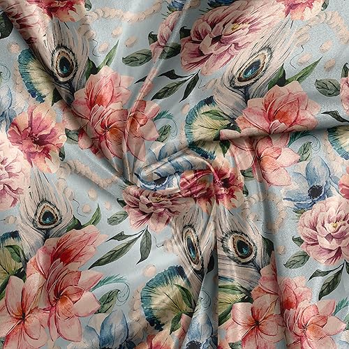 Miniatura 4 de Ambesonne Spring Fabric by The Yard, Peacock Pattern of Feather Arrangement of Flowers Repeated Design of Art, Decorative Satin Fabric for Home