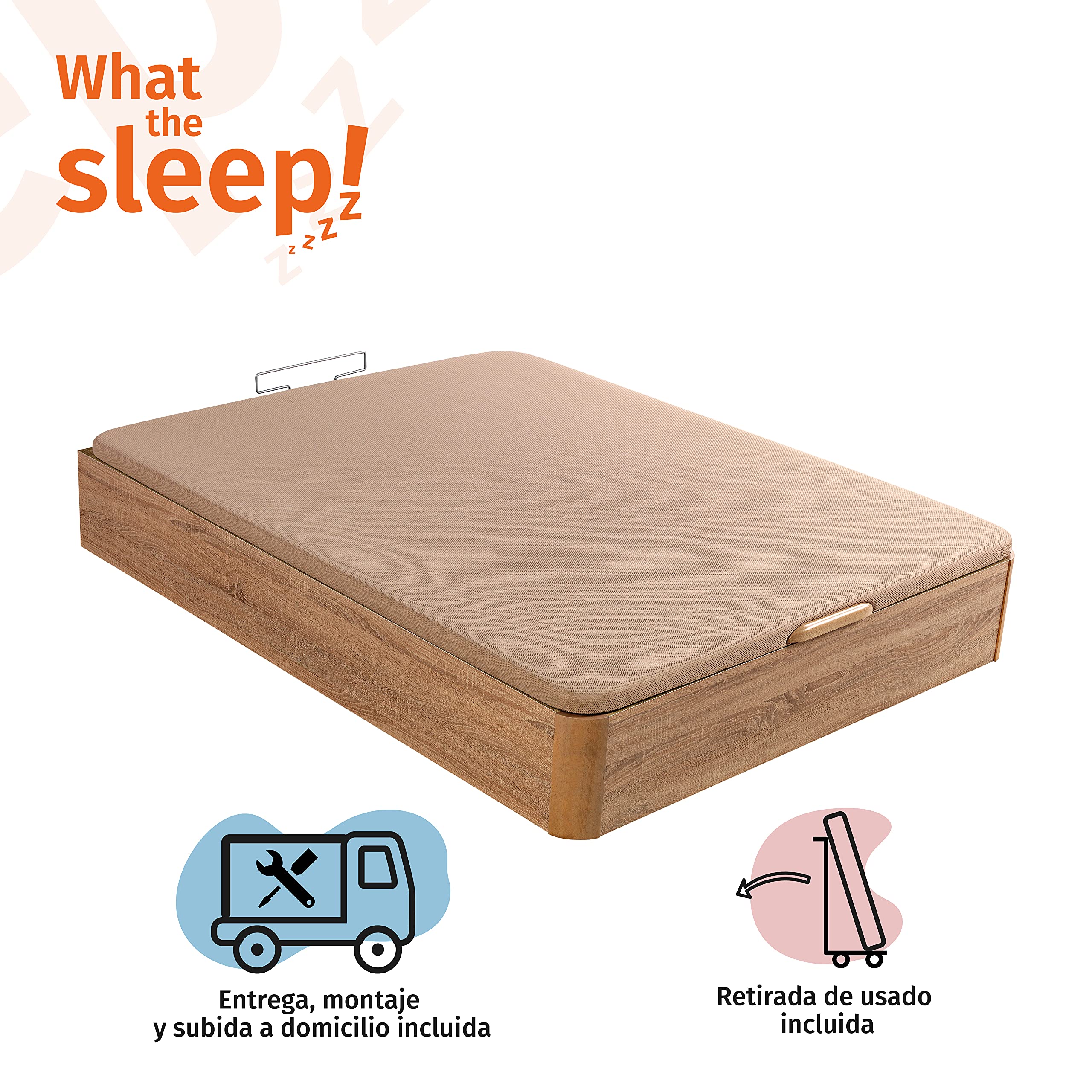 What The Sleep | Canapé Abatible de Madera Gran Capacidad | 135x190 | Montaje y Retirada Usado Incluido | Natural | 32 cm | Apto Todos Colchones | Esquinas Delanteras Redondeadas | Storage Bed
