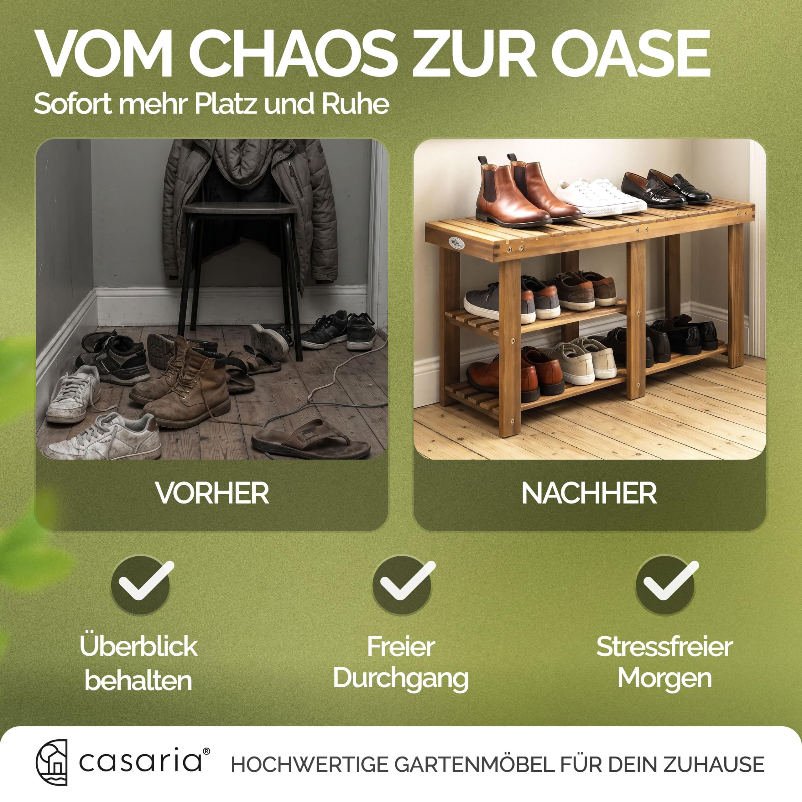 Casaria Schuhbank mit Sitzfläche 87 x 45 x 30 cm 160kg Belastbarkeit 3 Ebenen Akazie Holz Massiv Flur Diele Bad Sitzbank Schuhregal Schuhschrank Braun