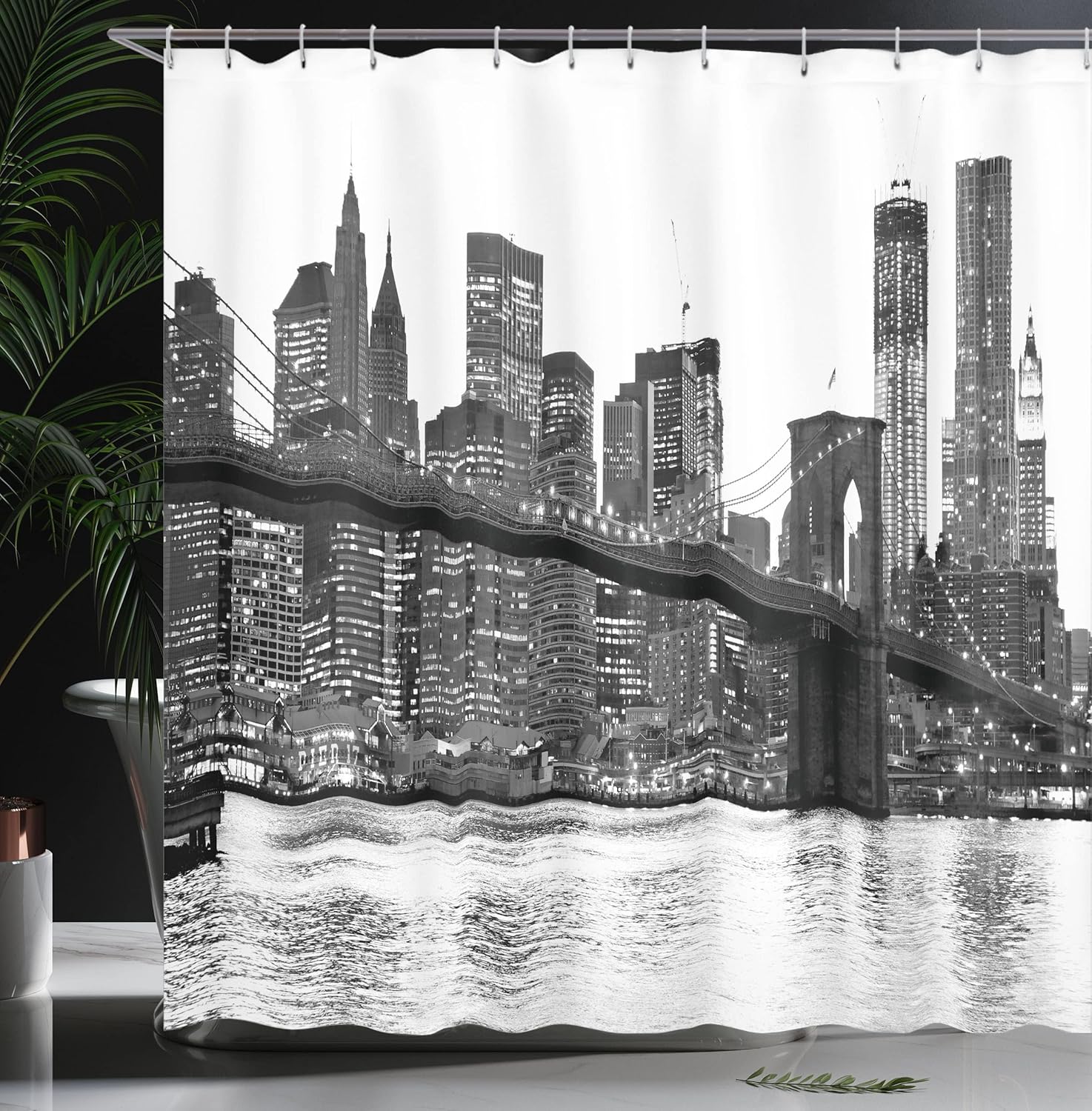 Ambesonne Modern Shower Curtain, Brooklyn Bridge Sunset Manhattan American New York City Famous Town Image, Cloth Fabric Bathroom Decor Set with Hooks, 69" W x 75" L, Black and White