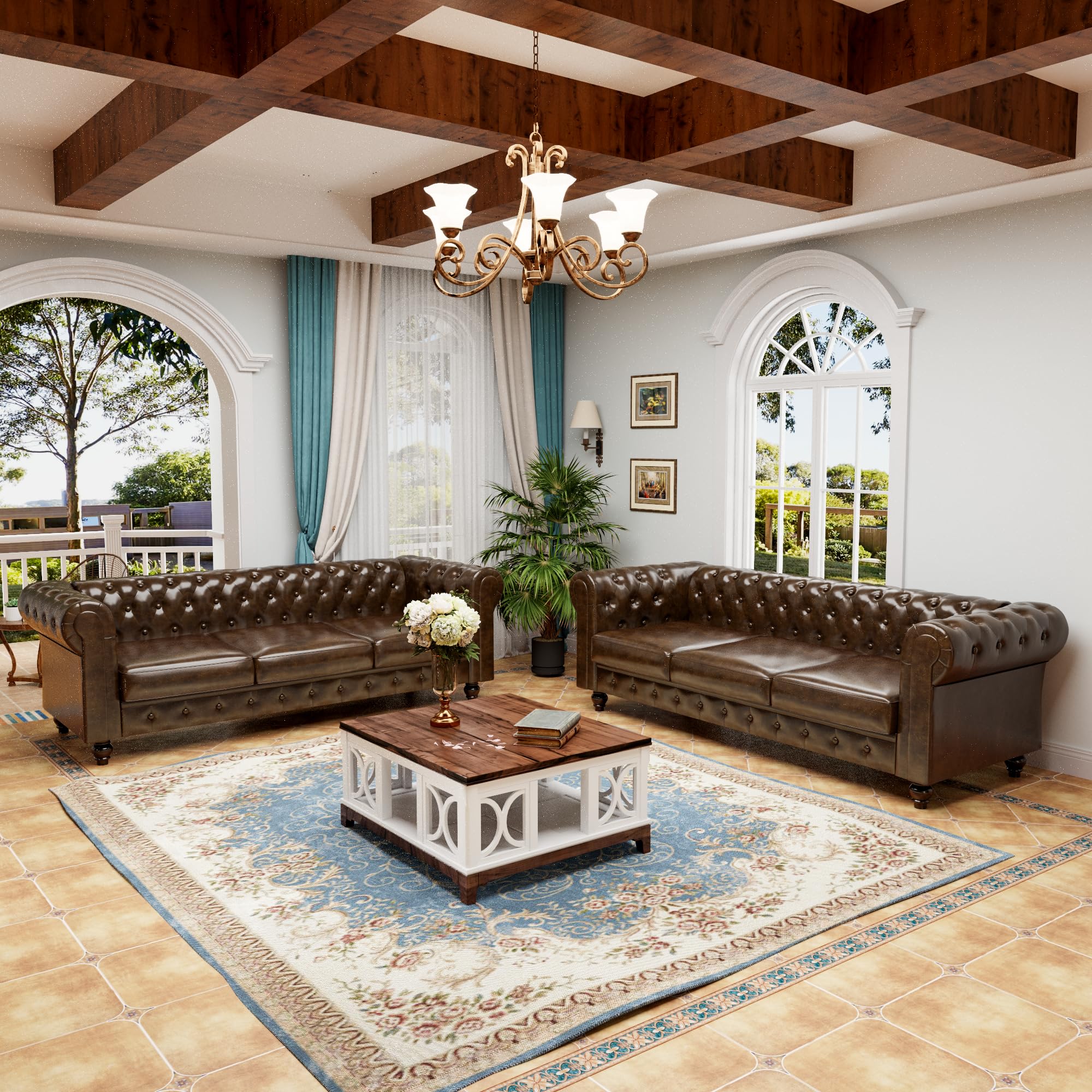 Tomkate 2-Piece Sectional Sofa Set, Mid-Century Modern Chesterfield Couch, Button Tufted, Comfy Upholstered PU 3-Seater, Living Room Sofa for Living