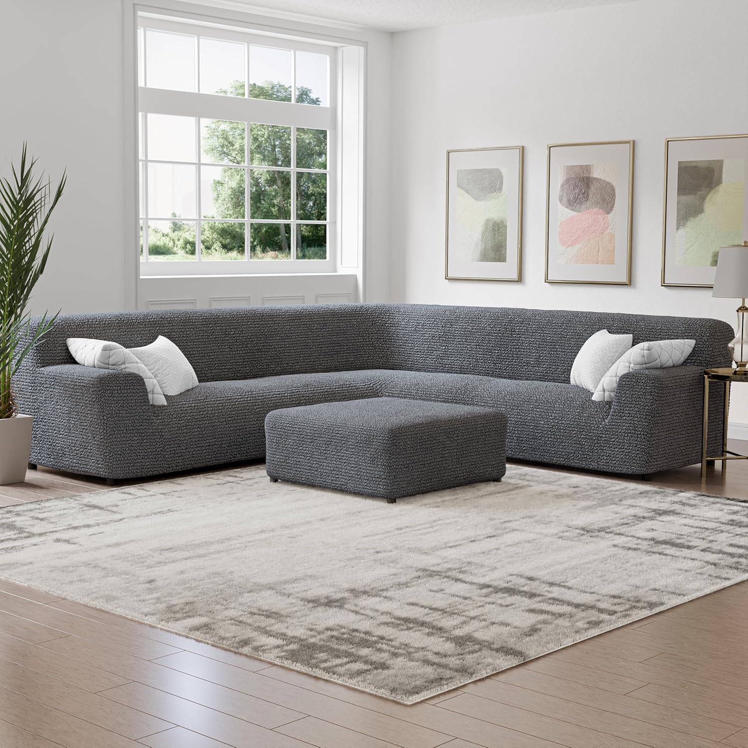 PAULATO BY GA.I.CO. Stretch Corner Sectional Couch Covers – Corner Sofa Cover – Elastic L Shape Sofa Slipcover - Sectional Slipсovers - Washable Furniture Protector - Dark Grey (198”-240” Wide)