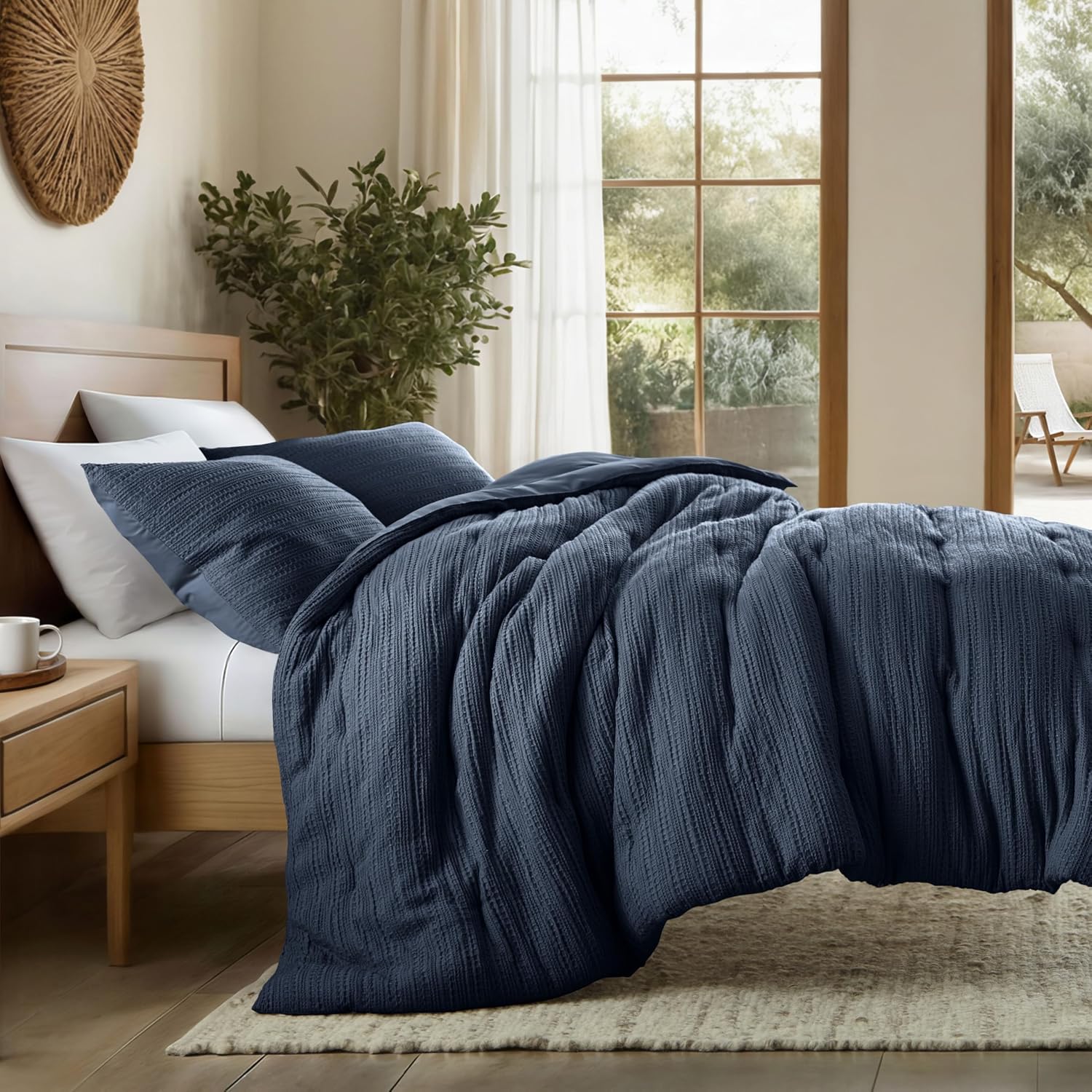 LINENS & HUTCH Waffle Textured 3 Piece Comforter Set All Season Down-Alternative Ultra Soft Bedding - Full/Queen Navy