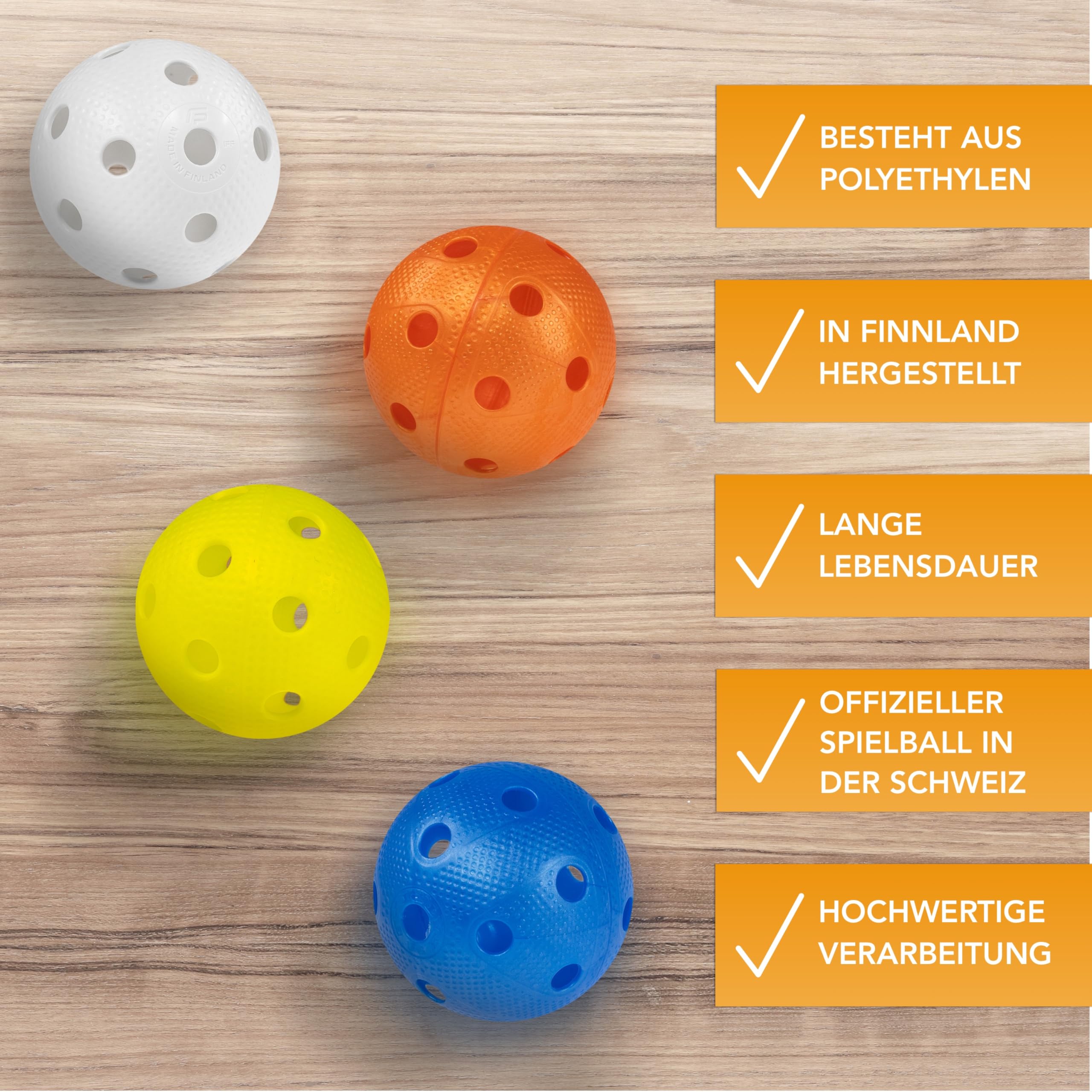 Fat Pipe Floorball & Unihockey Ball Set di 4 palline da competizione + palla da allenamento con certificato IFF per qualità testata, Made in Finland