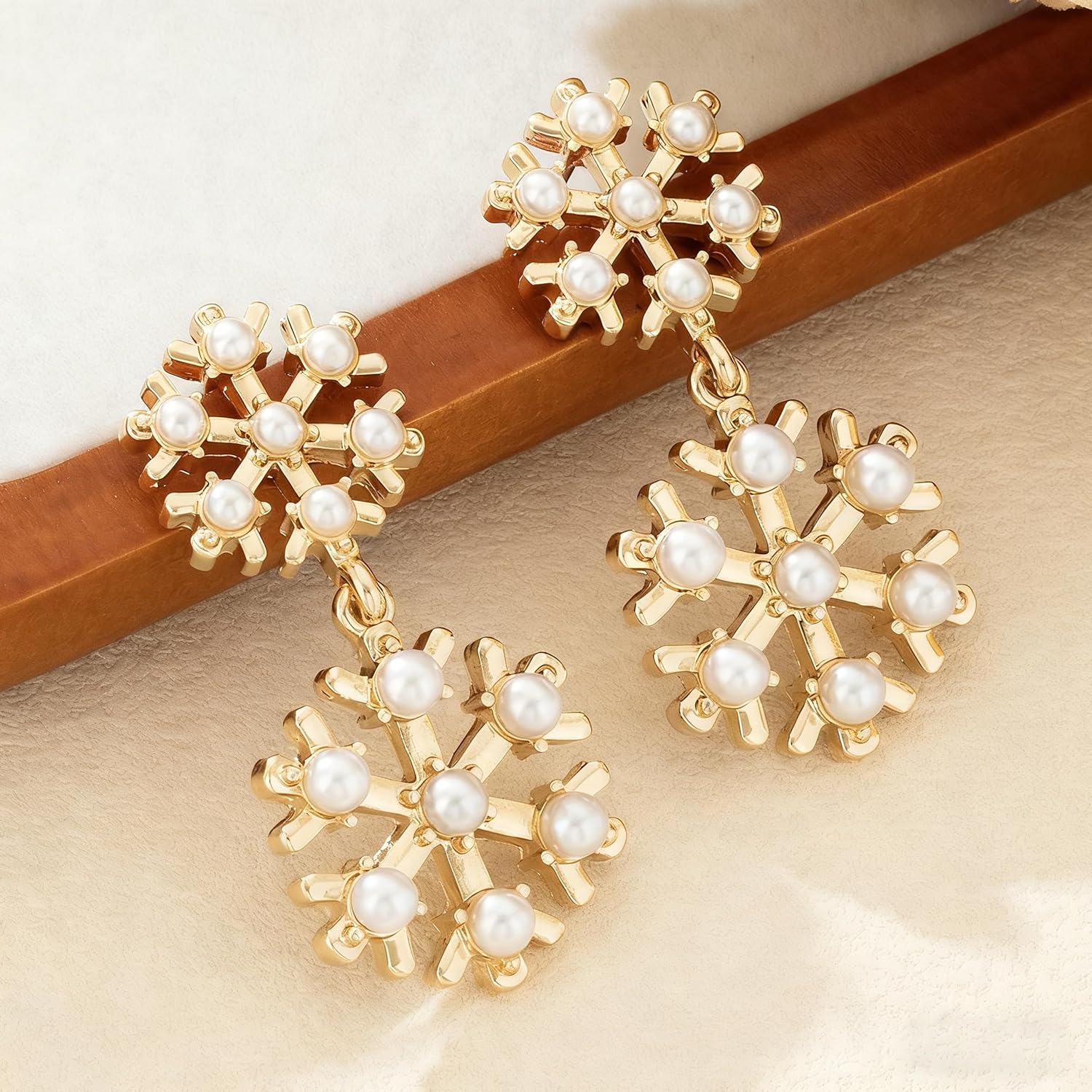 Christmas Snowflake Earrings Snowflake Faux Pearl Dangle Drop Earring Winter Earrings Christmas Holiday Jewelry for Women - Image 6