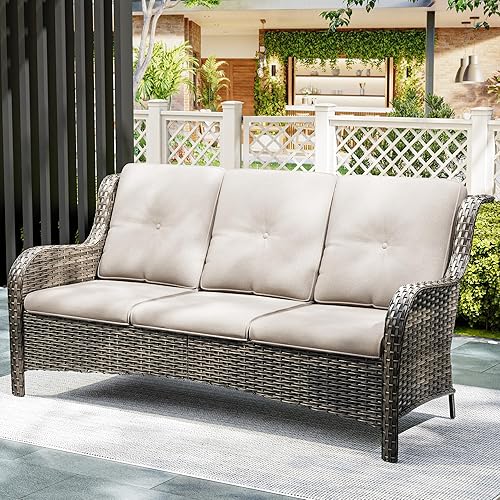 Miniatura 7 de Joyside Sofá de mimbre para patio al aire libre, sofá de mimbre de 3 plazas para patio exterior y jardín con asientos profundos y cojines de olefina