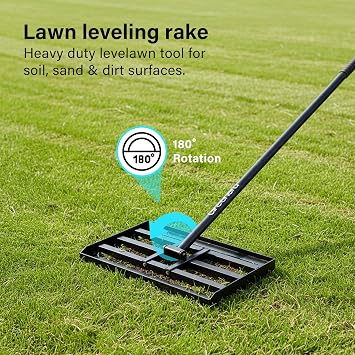 Lawn Levelling Rake, 43 x 25cm Lawn Leveler with 198cm Long Handle, Heavy Duty Stainless Steel Level Lawn Tool, Landscape Rake Adjustable Curved End Grip for Soil Sand Dirt Surfaces Garden Grass