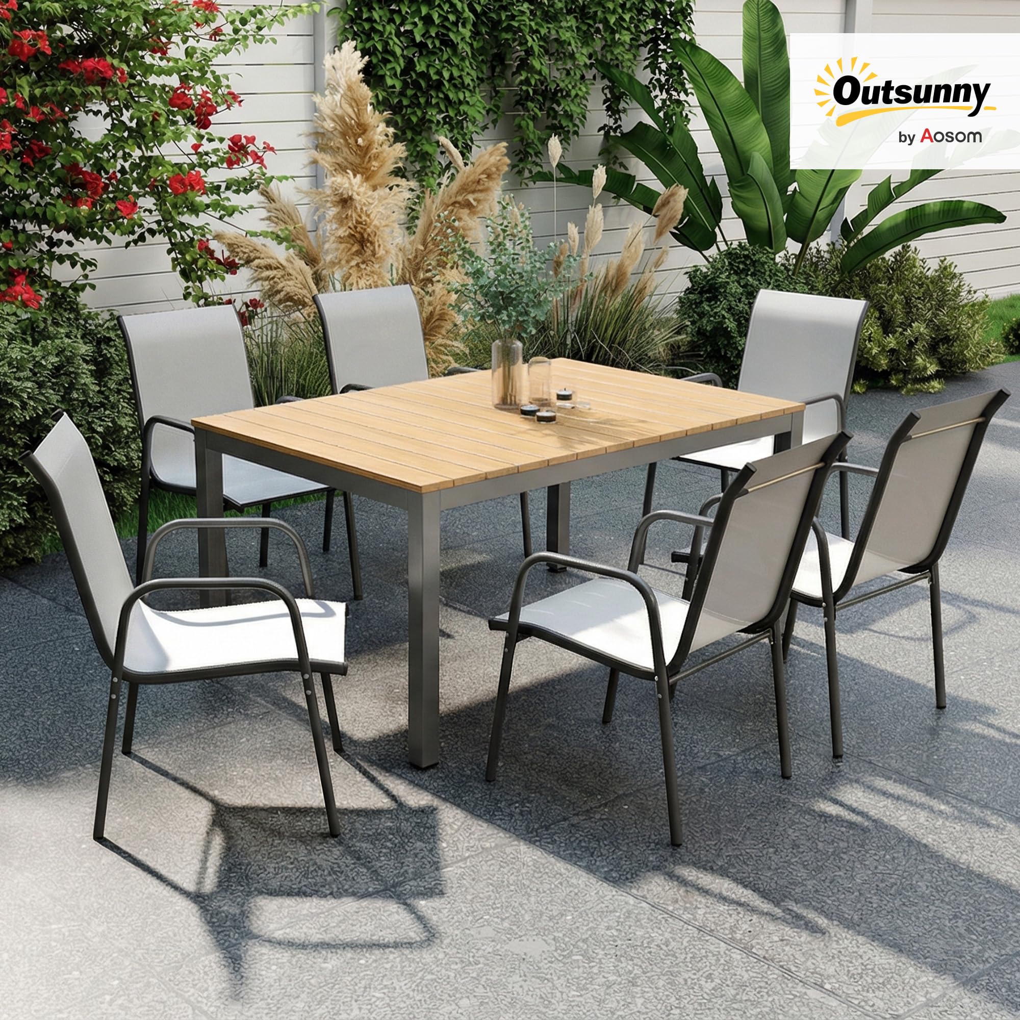 Outsunny Juego de 6 Sillas de Jardín Exterior Apilables, Sillas Terraza Exterior con Reposabrazos, Asiento y Respaldo de Malla Transpirable, Estructura Metálica Resistente, 51x69x87 cm, Gris Claro