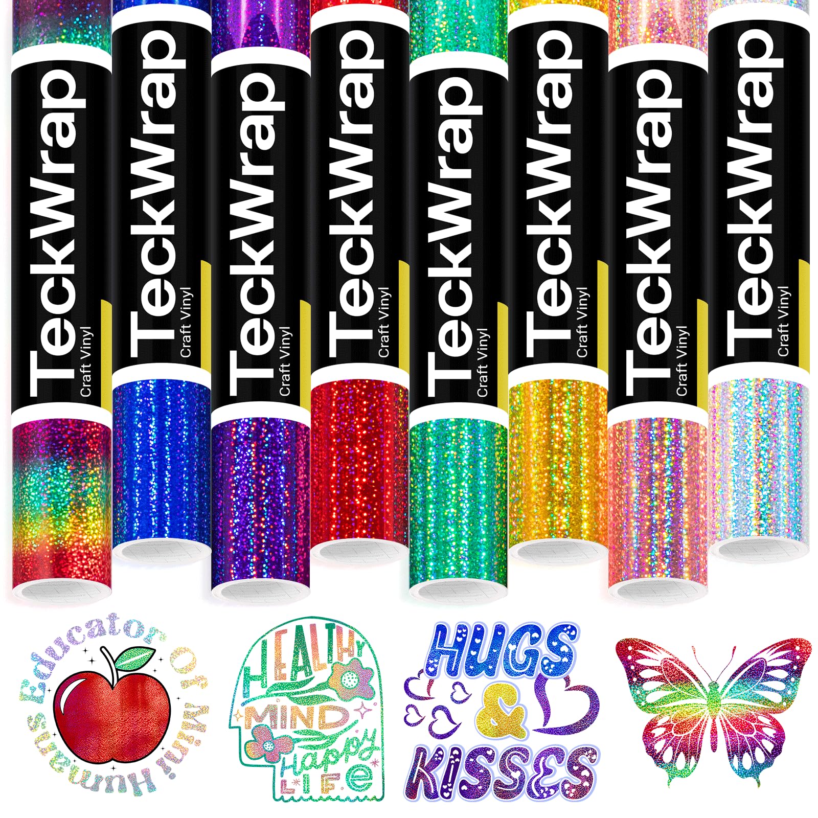 TECKWRAP Glitter Permanent Vinyl Bundle 12''x3ft/Roll Sparkle Adhesive Vinyl Pack 8 Shimming Colour Permanent Vinyl for Mug, Cup, Window & Home Deco,and Other DIY Projects