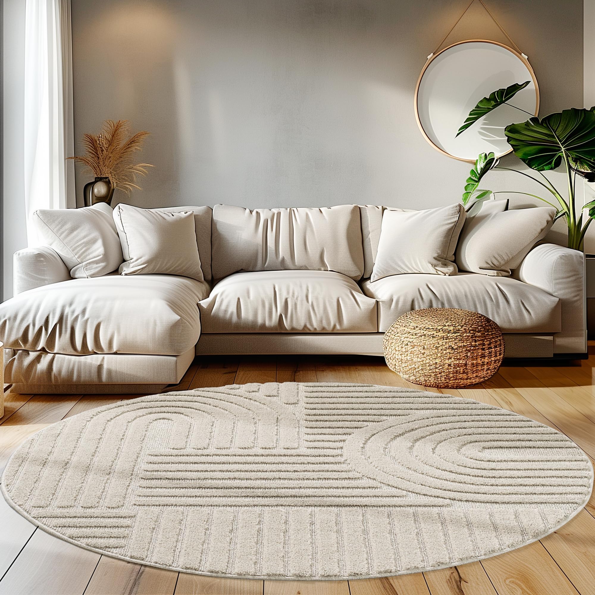 Tapis chambre beige moelleux et doux rond 160 cm
