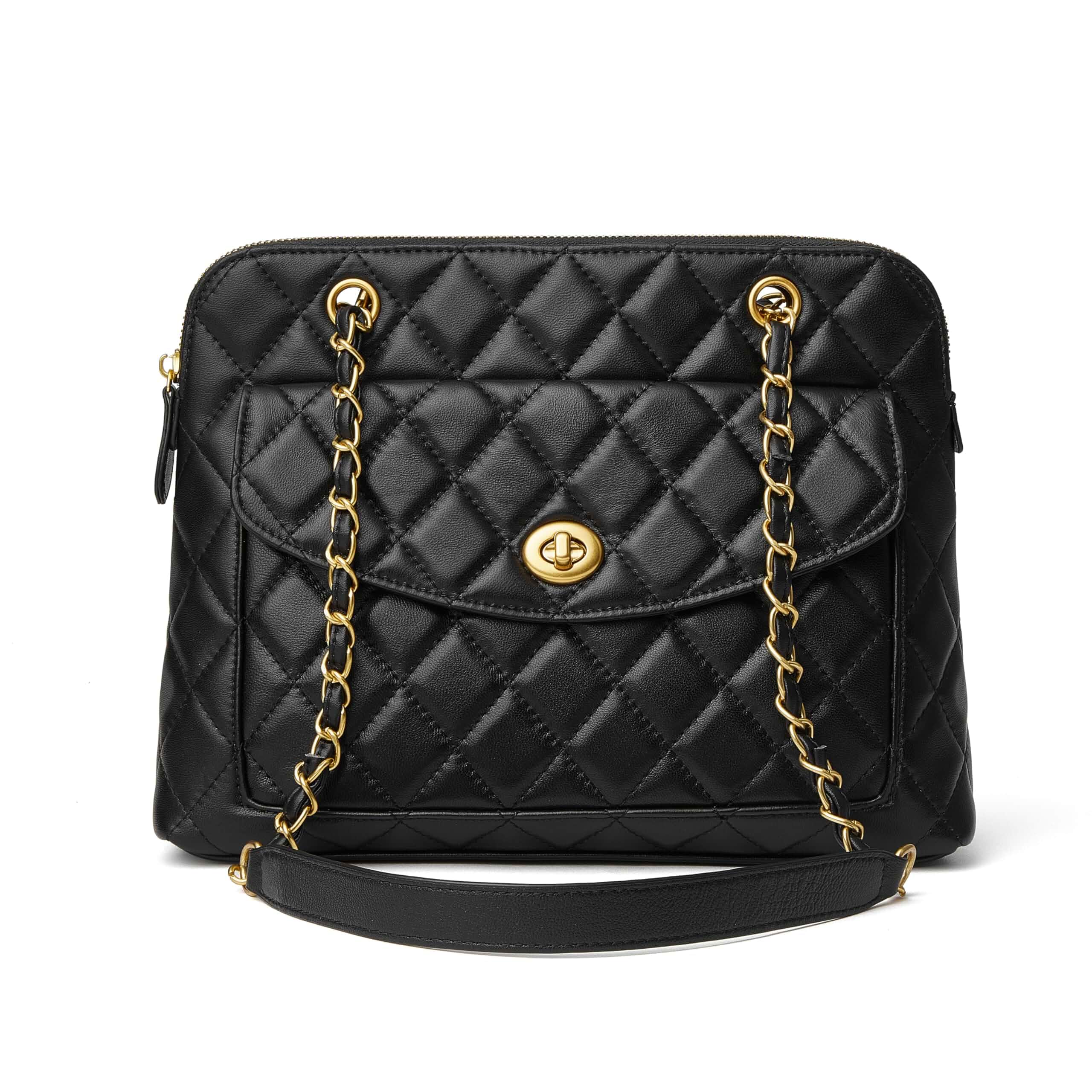 DORIS&JACKY Quilted Leather Satchel Purse for Women Designer Shoulder Bag Soft Lambskin Tote Purse with Chain Strap and Twist Lock Flap, Formal Quilted Handbags for Work Travel Party and Daily