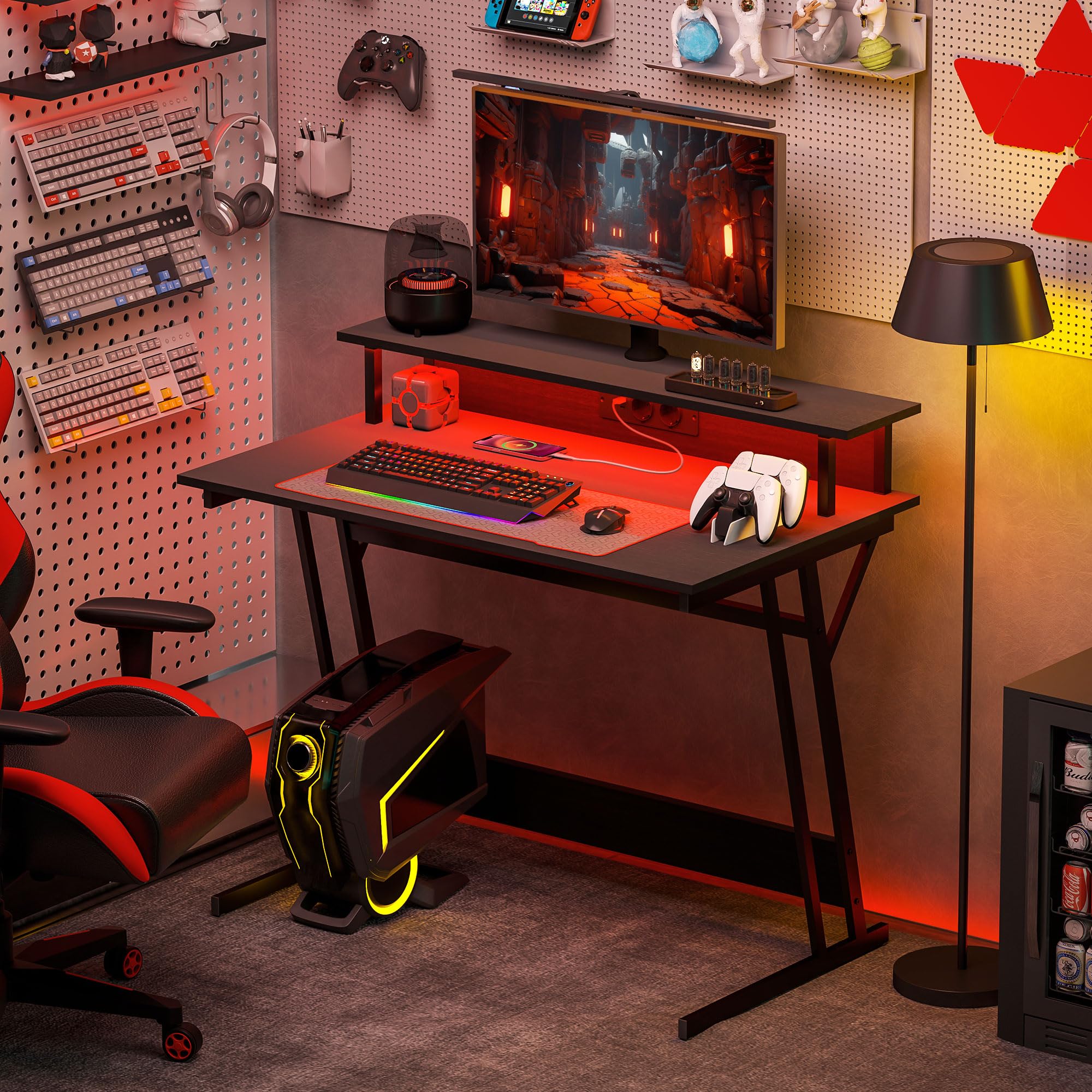 HOMCOM Mesa Gaming con Luces LED y Tomas de Corriente, 100x60 cm, Escritorio Gaming, Mesa Gamer con Soporte para Monitor, Estantes y Control Remoto, para Oficina, Estudio, Negro