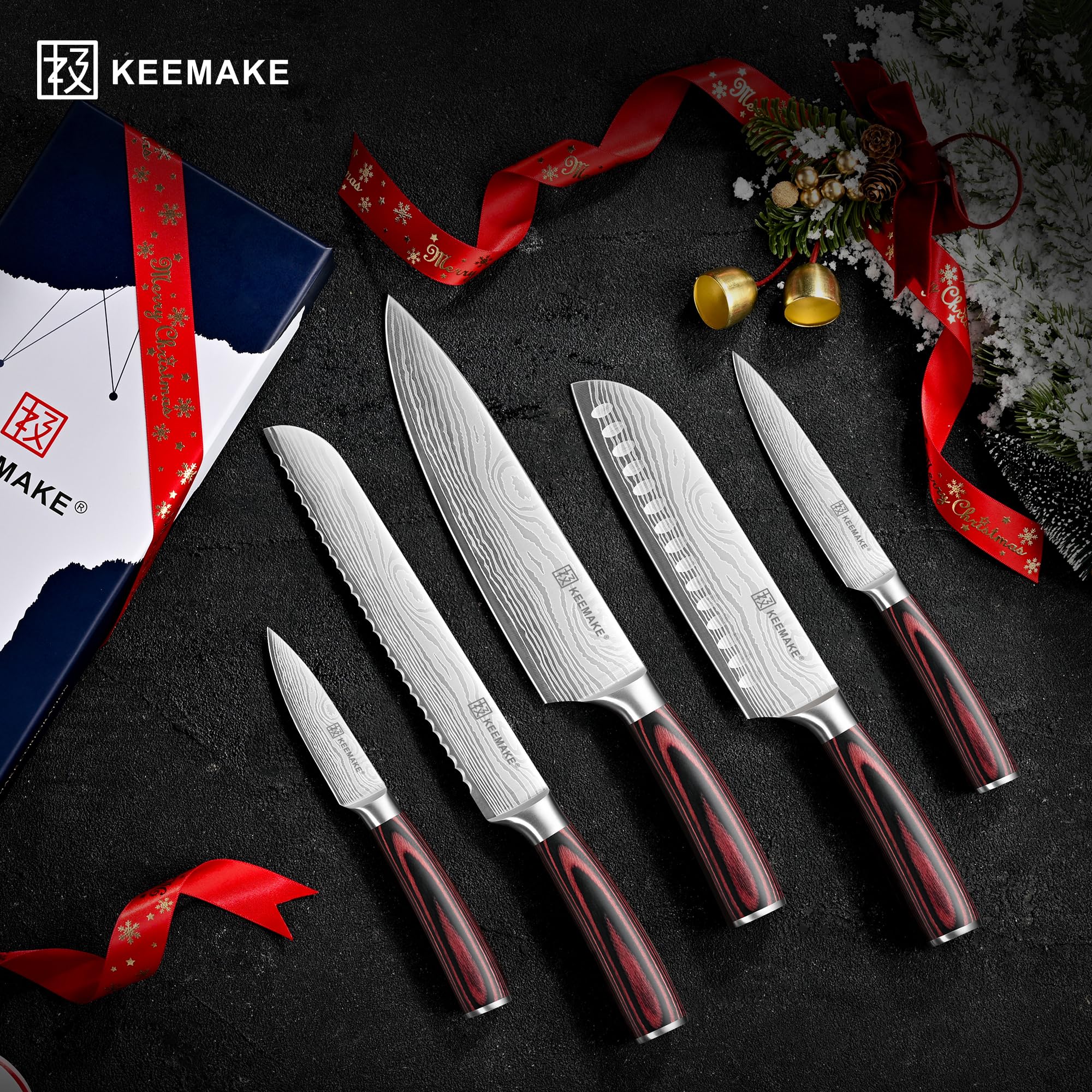 KEEMAKE 5-teiliges Profi Messerset Küchenmesser Set aus scharfem Edelstahl - Japanisches Kochmesser Design mit Pakkaholz Griff, inkl. Santoku, Brotmesser & Geschenkbox, Vatertagsgeschenk für Papa