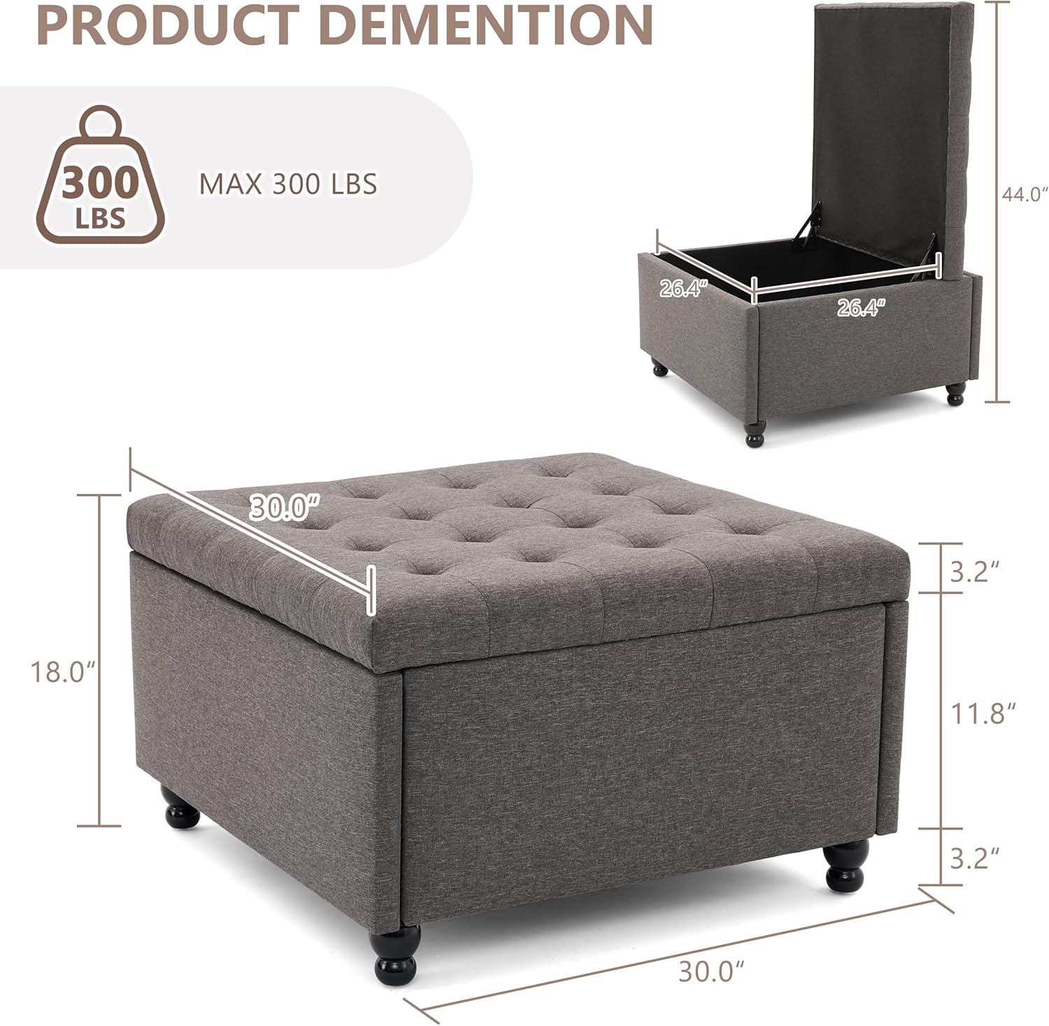 30 Inch Large Square Storage Ottoman Coffee Table, Oversized Square Ottoman with Storage, Tufted Upholstered Coffee Tables for Living Room (Fabric, Dark Grey)