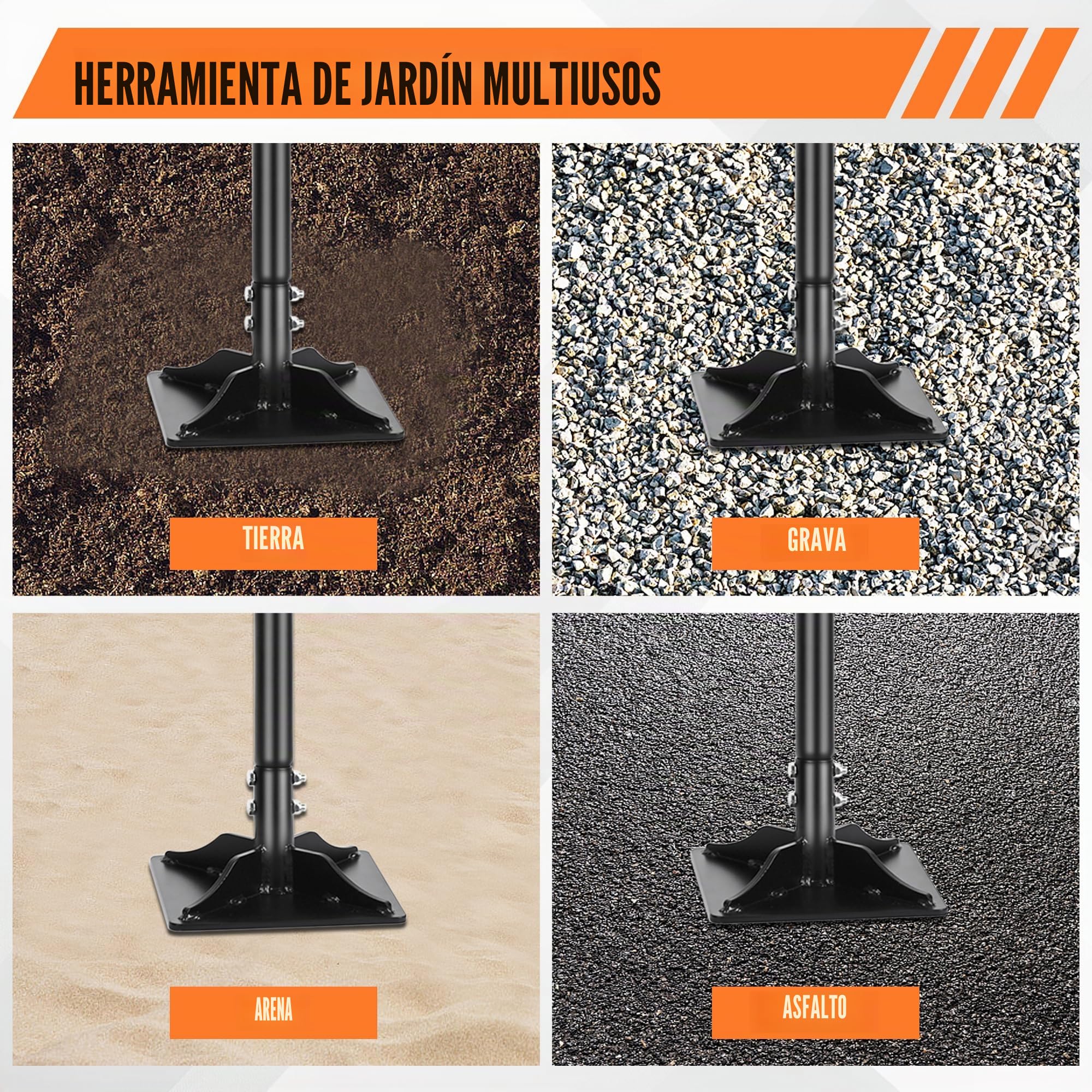 YEELOR Manipulador de suelo de acero 8x8 pulgadas, mango largo 45 pulgadas con agarre de goma, ideal para nivelar jardín, grava y colocar baldosas