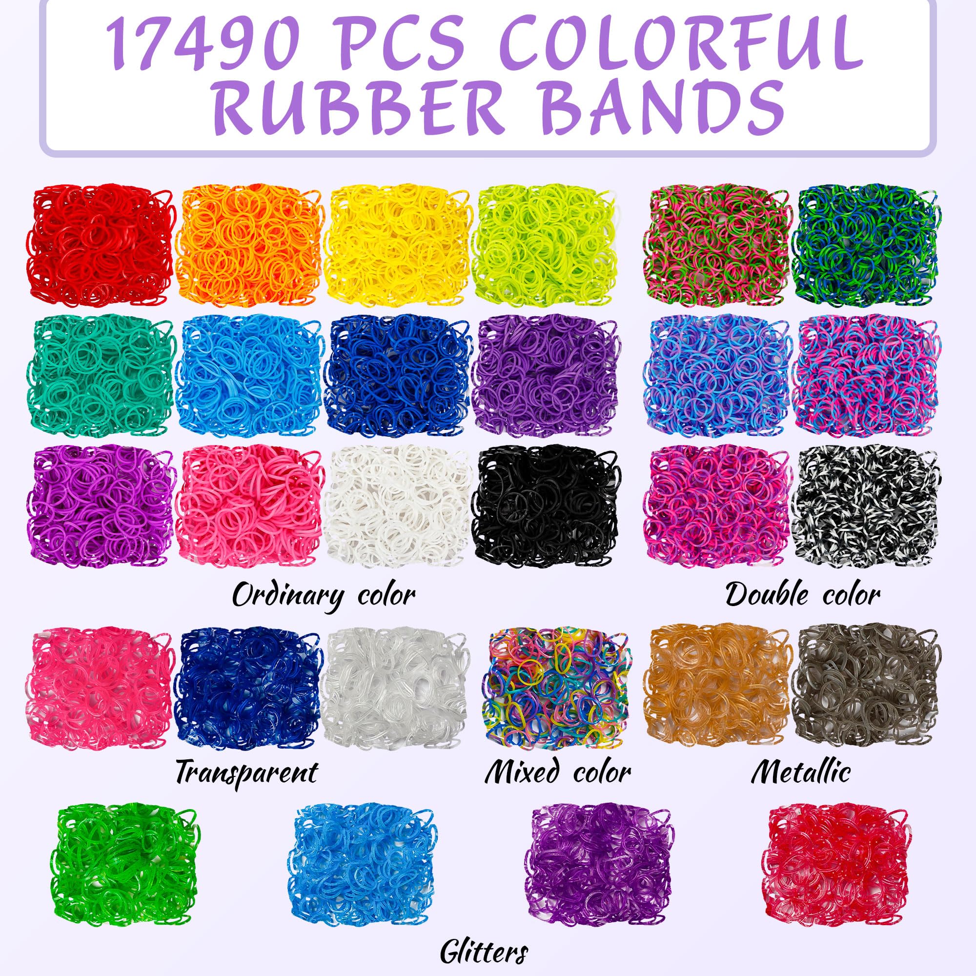 INSCRAFT 17490+ elastici in gomma, kit di ricarica per braccialetti in 28 colori, con contenitore a 3 strati, 600 clip a S, 352 perline, 40 ciondoli a forma di cartone animato, regalo di Natale per