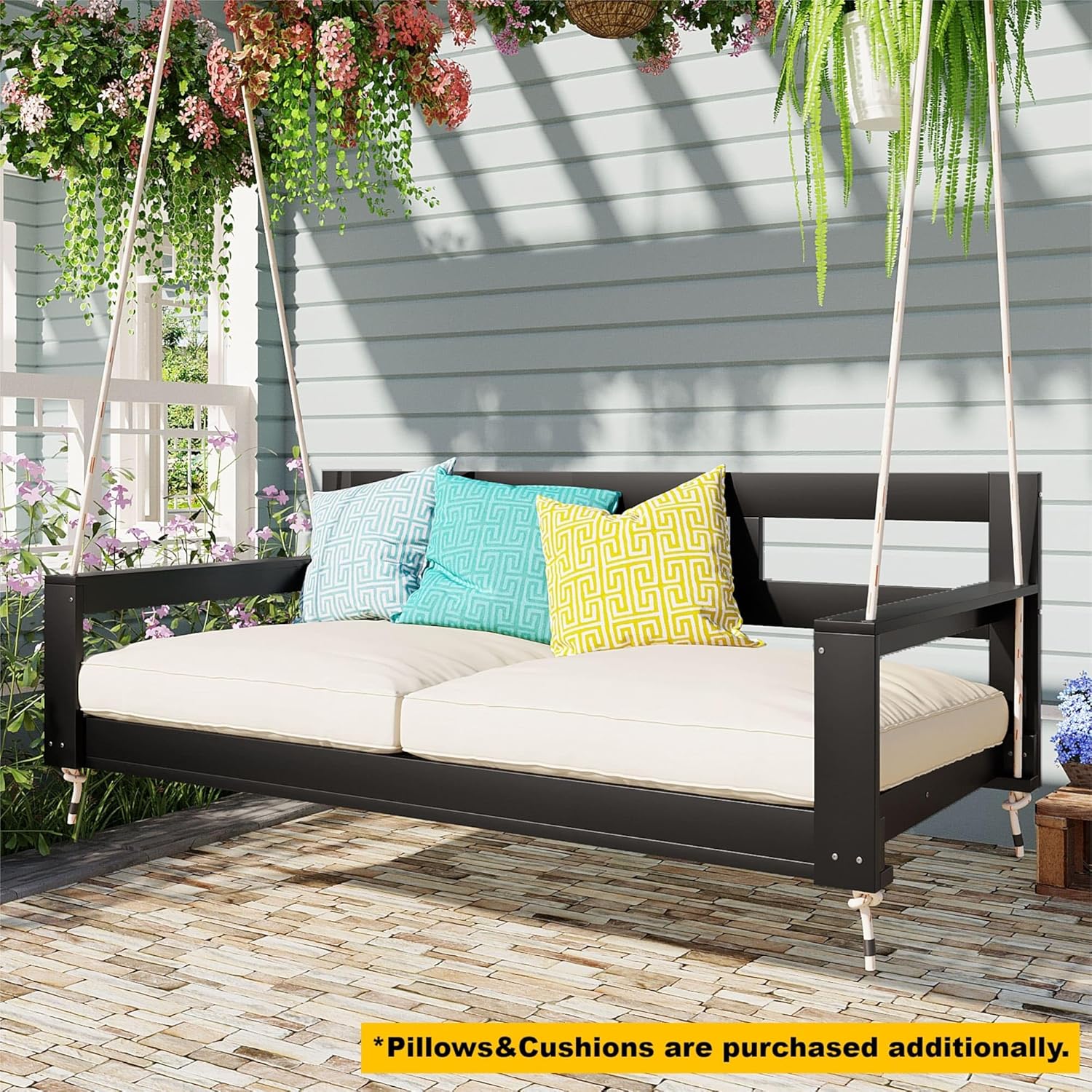 YUWVVCV Acacia Wood Patio Double Porch Swing Sofa Bed Frame with cushions and pillows, set in a charming garden environment.