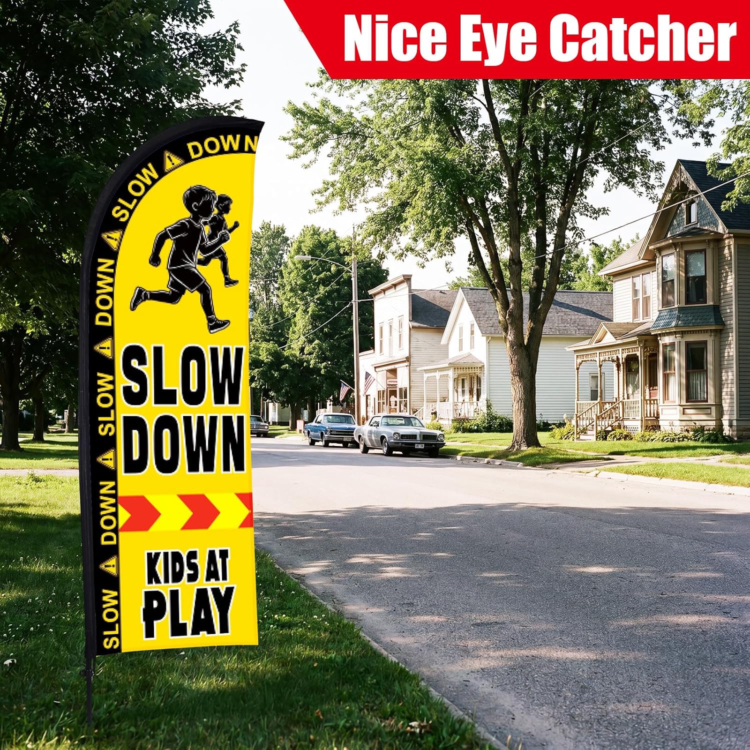 Buryeah 2 Sets Slow Down Kids at Play Feather Flag with Pole Kit and Ground Stake 7ft Double-sided Safety Banner Sign Kids at Banner Flag for Streets, Yards and Driveways Outdoors