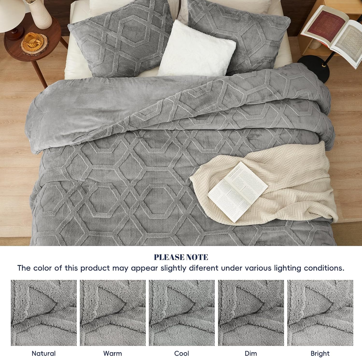 PHF Warm Sherpa Fleece Queen Comforter Set, 3D Tufted Fluffy Grey Bedding for Winter, Soft 3 Pieces Shaggy Bed Set, 1 Comforter (90"x90") and 2 Pillowcases (20"x26") - Image 7