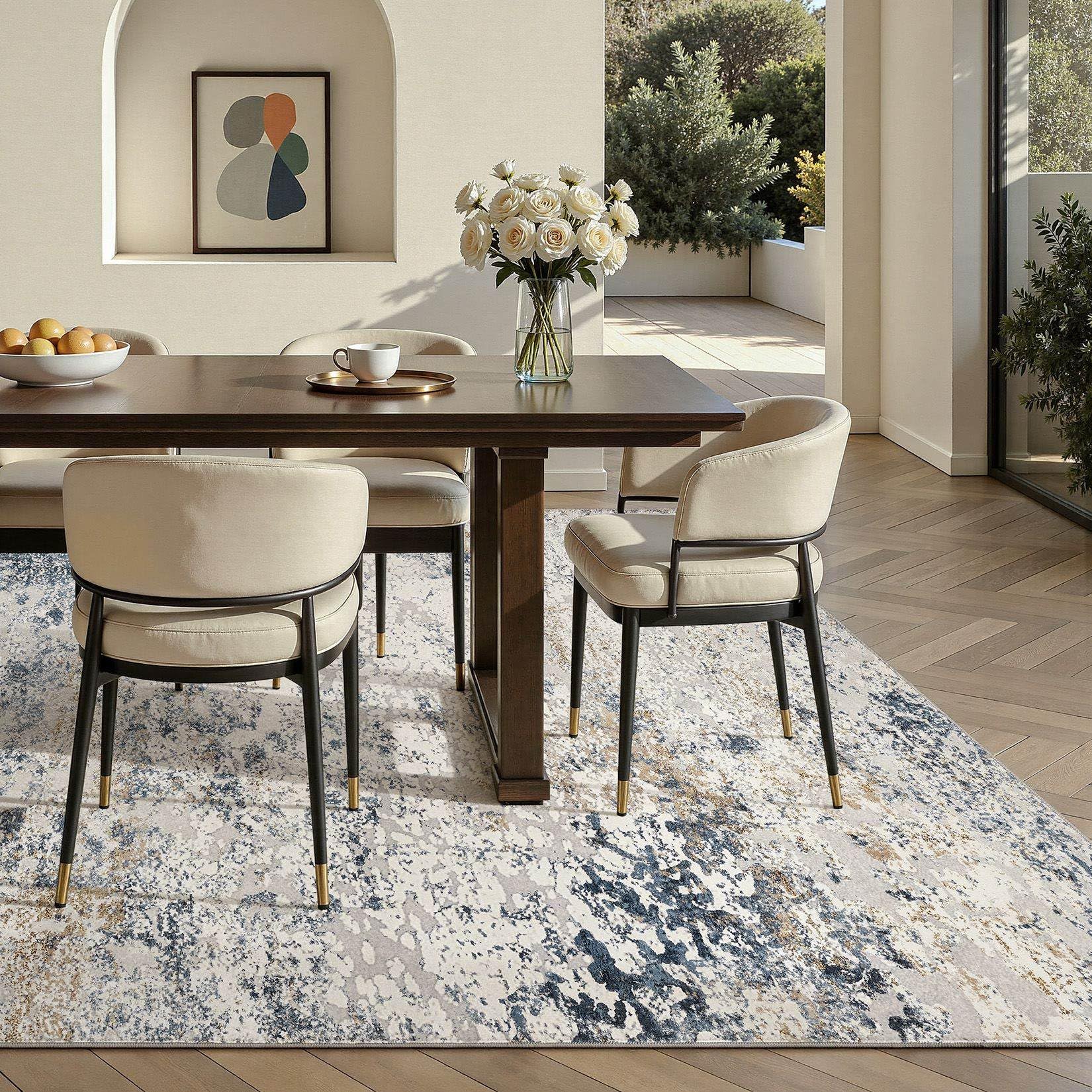 DMOYEST Teppich Wohnzimmer 200x300cm Modern Beige Blau Waschbar | Kurzflor Weich Maschinenwaschbar Rutschfest, Kinder und Haustierfreundlich für Schlafzimmer, Esszimmer und Büro