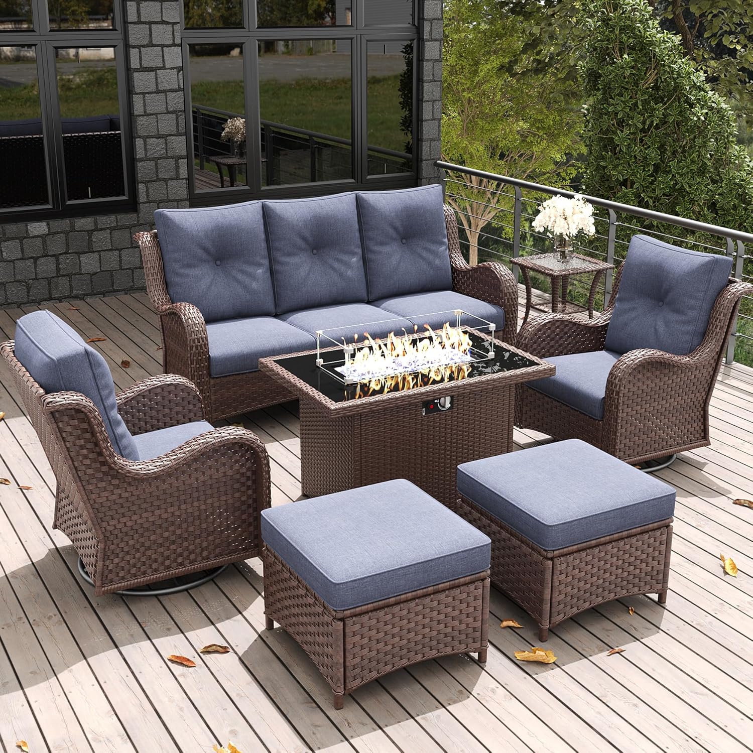 LayinSun 7 Pieces Outdoor Patio Furniture Set with Fire Pit Table, Rattan Wicker Sectional Swivel Rocker Chairs Sets with Ottomans, Swivel Glider Chairs and Coffee Table
