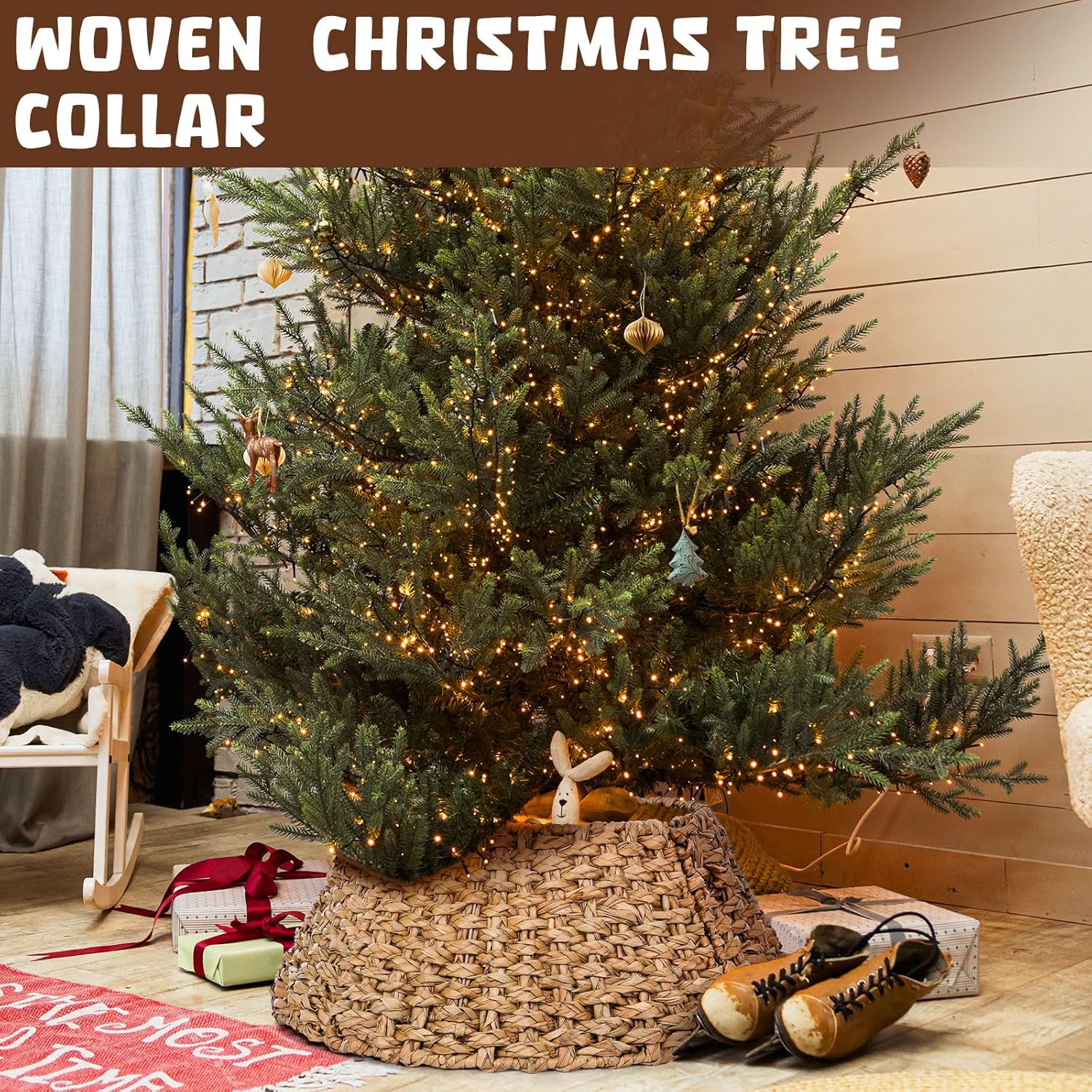 Christmas Tree Collar Rattan Rustic Seaweed Christmas Tree Basket Skirt Woven Farmhouse 24'' Xmas Tree Stand Cover Boho Christmas Tree Ring for Christmas Tree Decorations