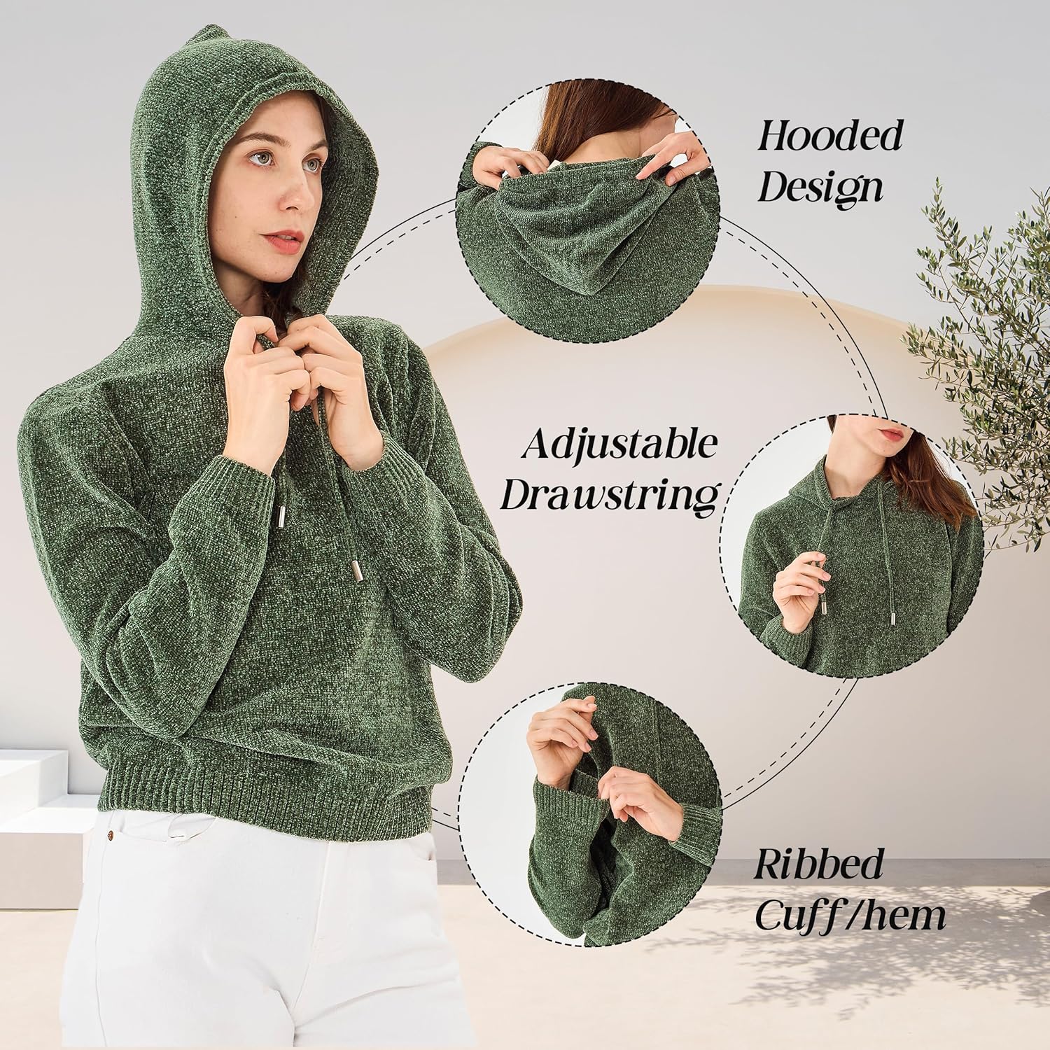 Simple&Opulence Women's Chenille Sweater Drawstring Hooded Long Sleeve Pullover Ribbed Cuff Hem Jumper Tops - Image 2