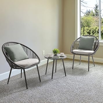 NUU GARDEN 3 Piece Outdoor Bistro Set, Woven Rope Conversation Patio Set, All Weather Patio Furniture Chairs and Table with Cushions for Garden, Deck, Backyard, Balcony, Porch, Dark Gray