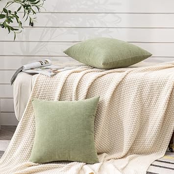 GAWAMAY Pack of 2 Couch Throw Pillow Covers 18x18 Inch Soft Square Chenille Pillow Cover for Sofa Living Room Bedroom Car Solid Dyed Pillow Cases (Only Pillowcases) 45x45cm,Green, Grey